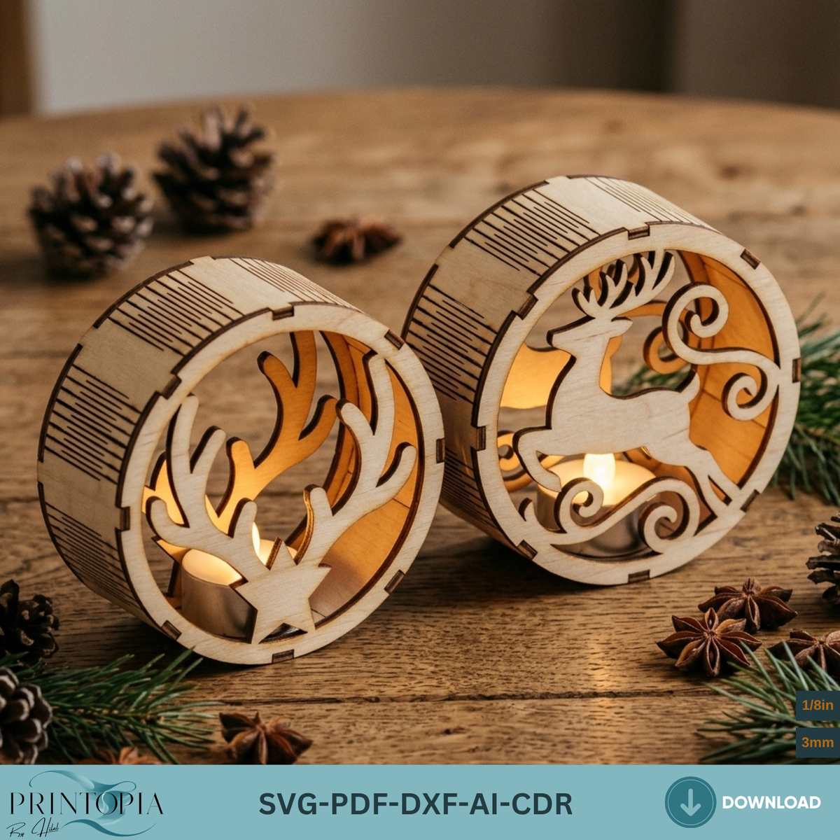Laser Cut Christmas Night Light Bundle, Round Wooden Lanterns, DIY Holiday Candle Holder Designs 380