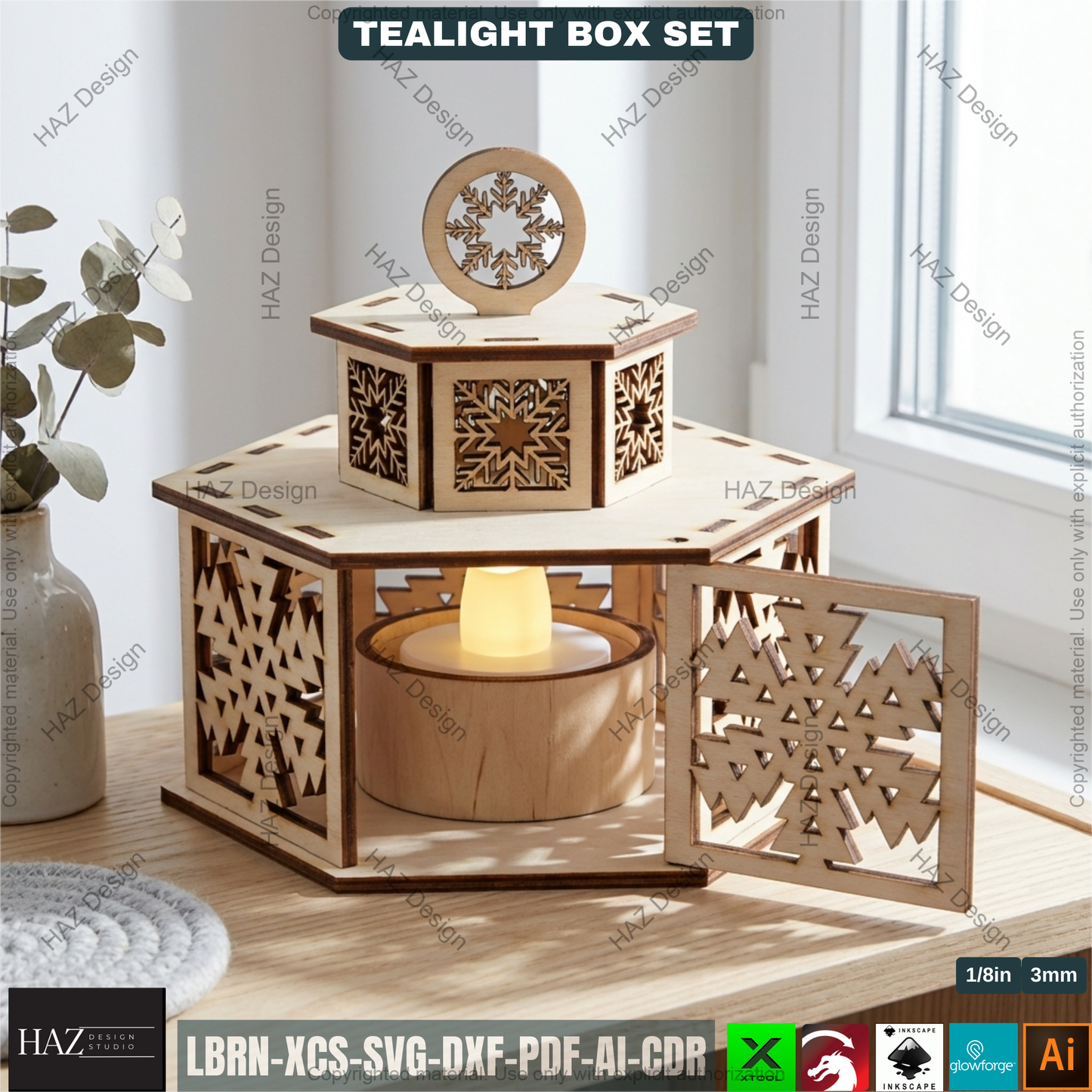 Festive Tealight Lanterns  – Christmas Candle Holder with Lid - Laser Cut Tabletop Decor - Tealight Box Lights 504