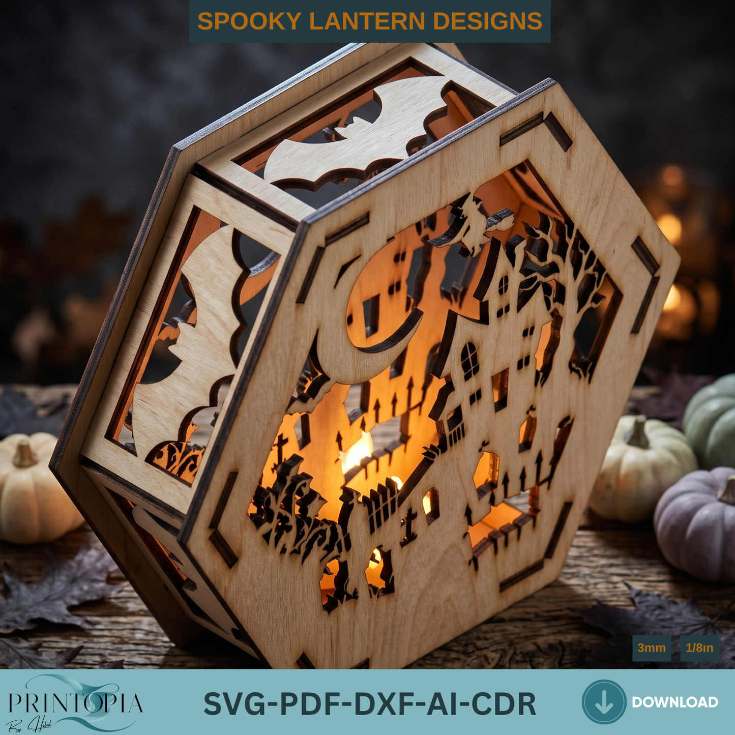 Halloween Lantern Laser Cut Files Bundle for Wooden Tealight Candle Holder Spooky Decor Template