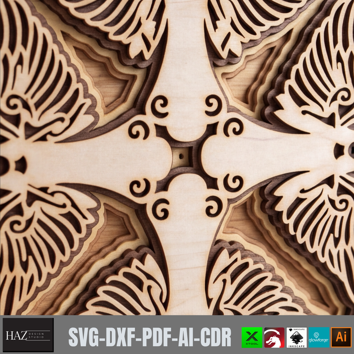 Four Angels Wooden Laser Cut Template, Religious Mandala Art, Layered Plywood Christmas Angel Decor