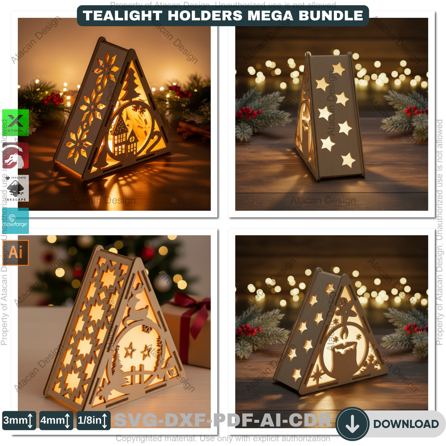 Christmas Pyramid Candle Holder Bundle Laser Cut Template Tealight Lantern Designs Winter Wood Decor Night Lights 919