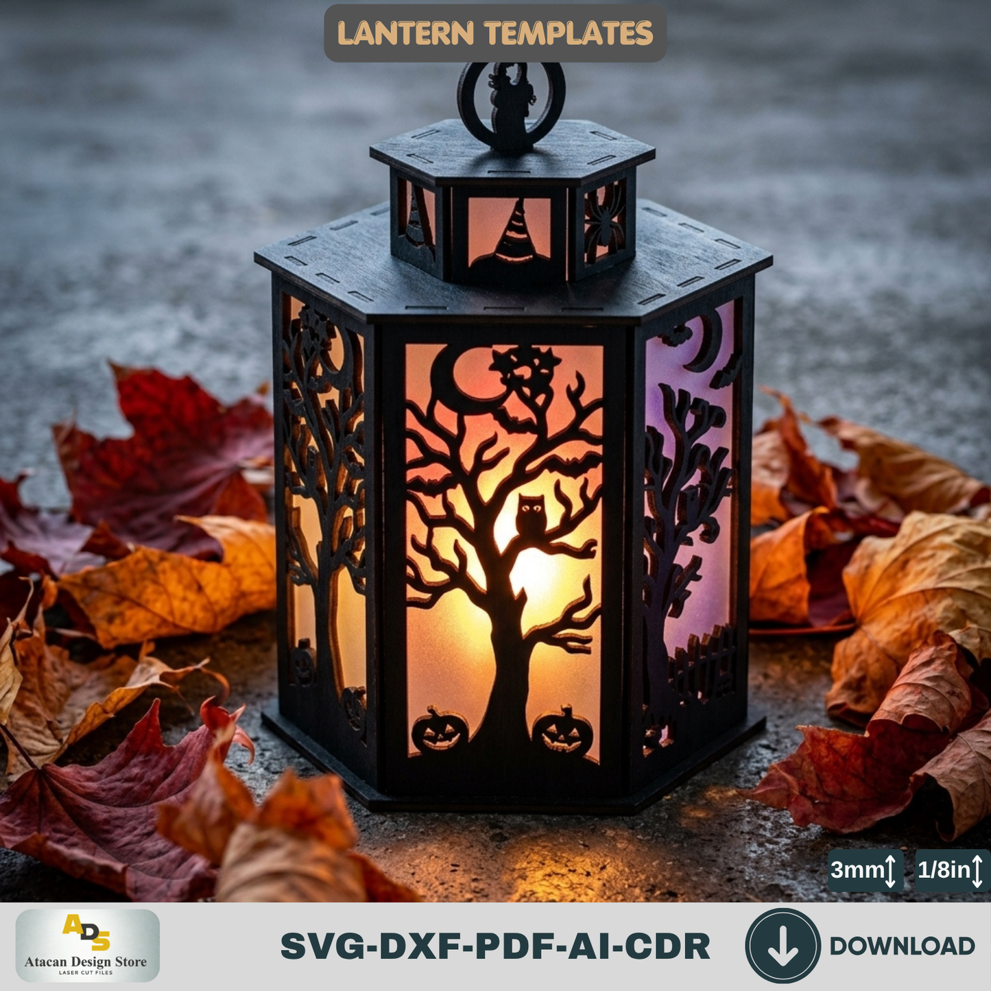 Halloween Lantern LaserCut Template Spooky Haunted House Tea Light Holder Wooden Witch Candle Box