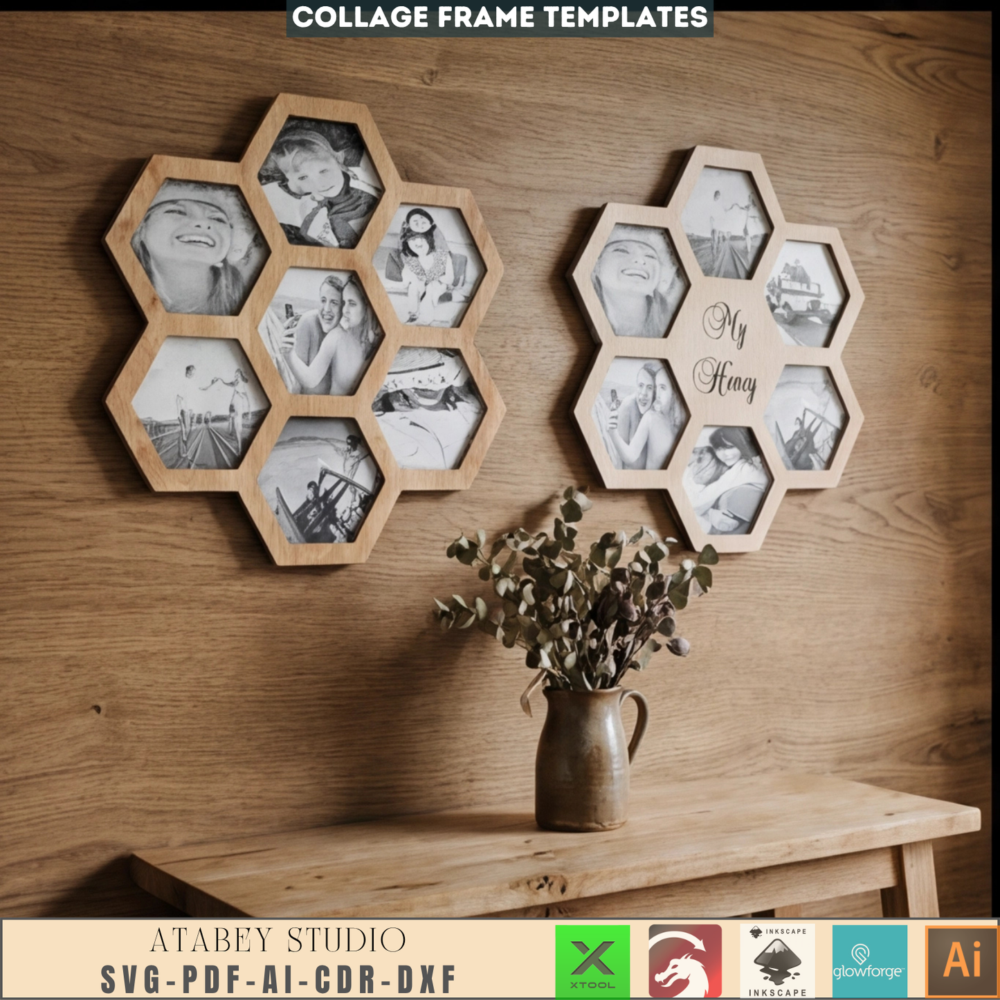 Honey comb Multi Picture Frame Collage svg file, Honey Family Friends Collage