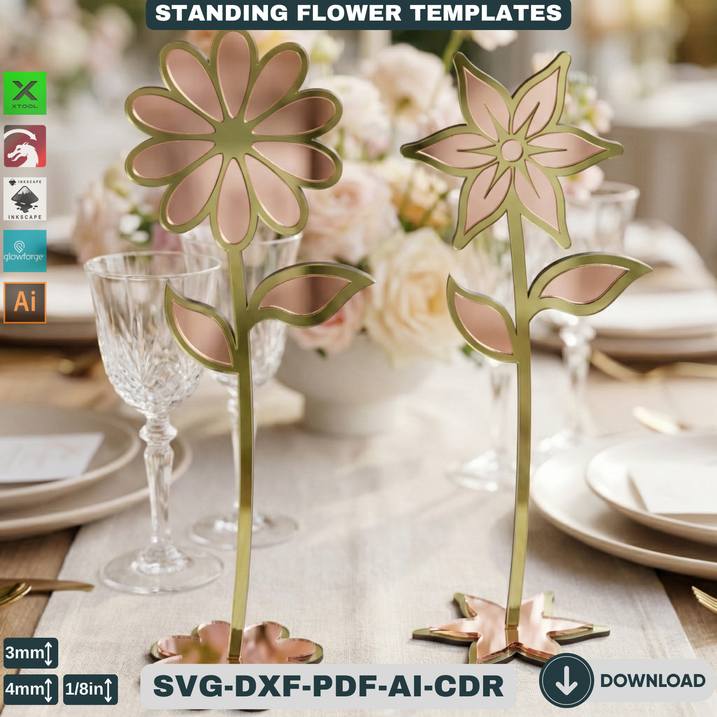 Wooden Stand Flowers Laser Cut Design | Decorative Wildflower Vector for Glowforge,Wildflower Decorative Stand Template 820