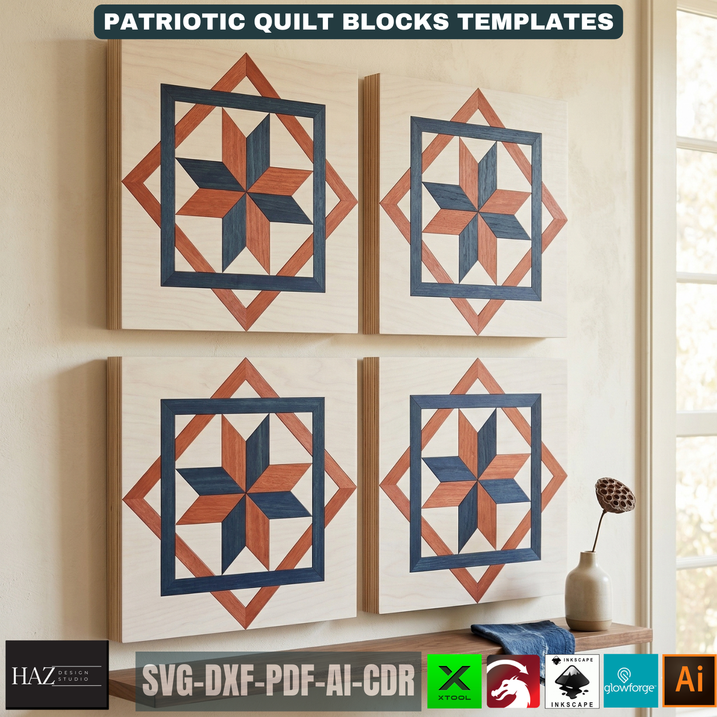 Patriotic Barn Quilt Block Patterns American Flag Wood Art Templates Fourth of July Wall Decor Independence Day 526