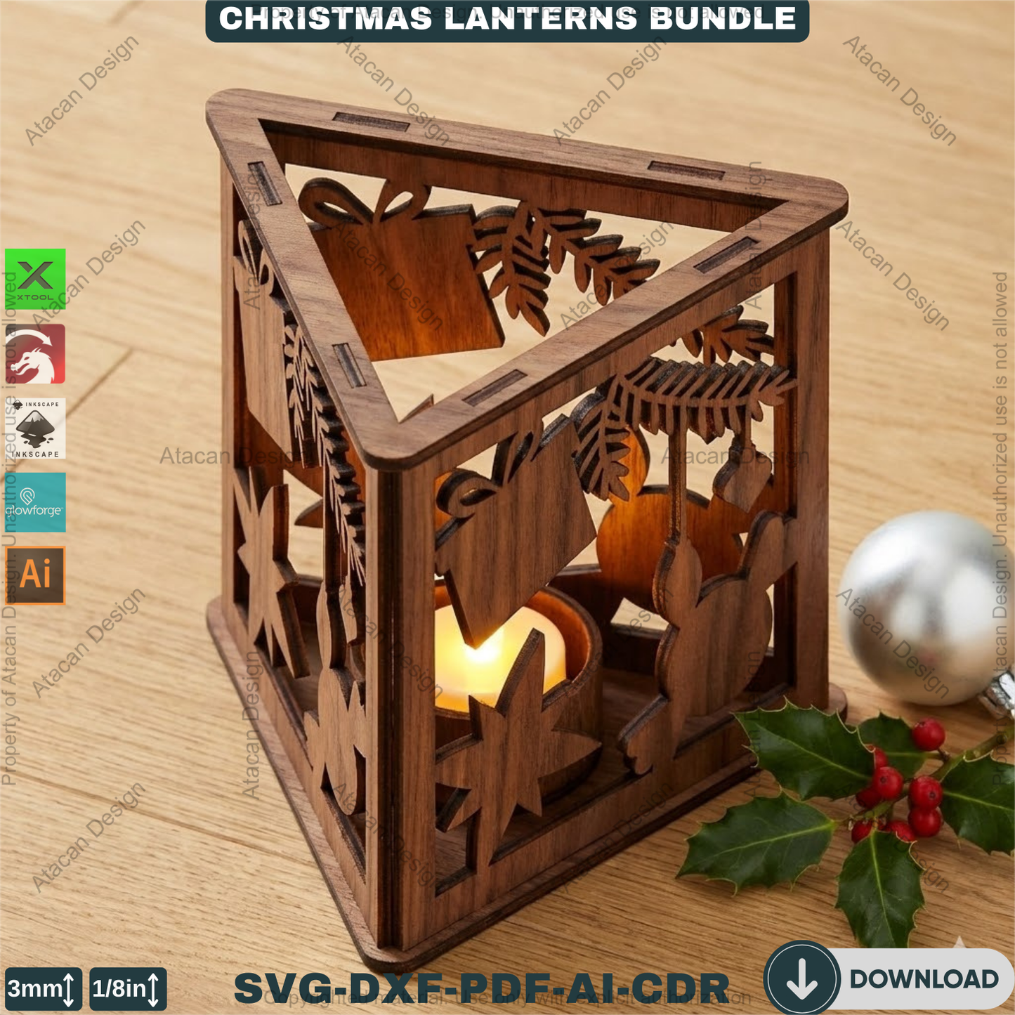 Christmas Lanterns Bundle Laser Cut Templates | Holiday Candle Box Decor | Tealight Holder Designs 930