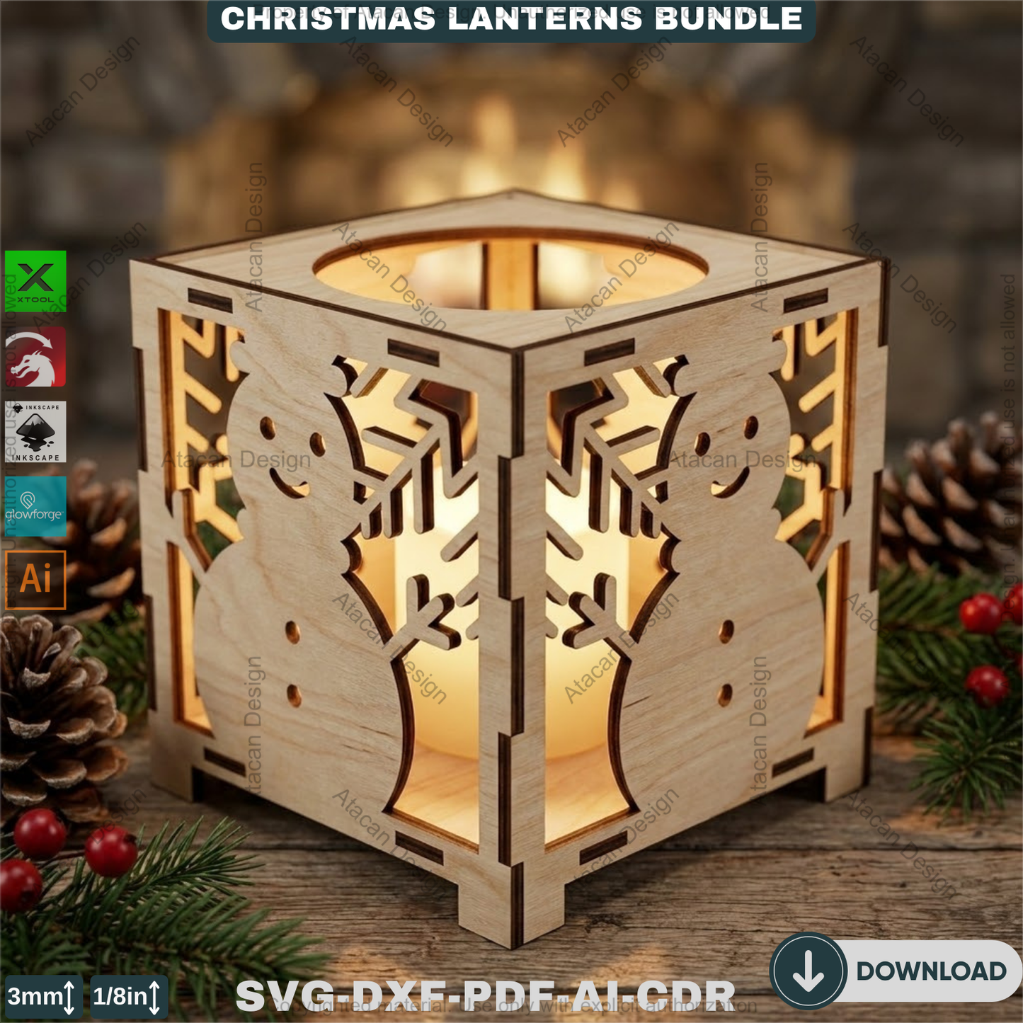 Christmas Lantern Laser Cut Bundle, Wooden Tealight Holder, Xmas Candle Box, Winter Decor, Reindeer Snowman Template 927