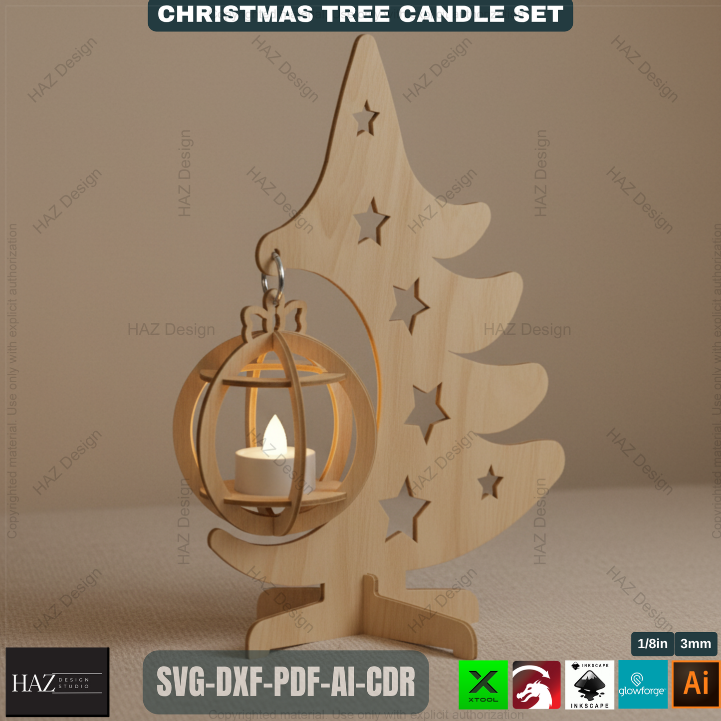 Title: Christmas Tree Tealight Holders Laser Cut Files Wooden Ornament Candle Stands Xmas Decor Templates Glowforge Xtool SVG 494