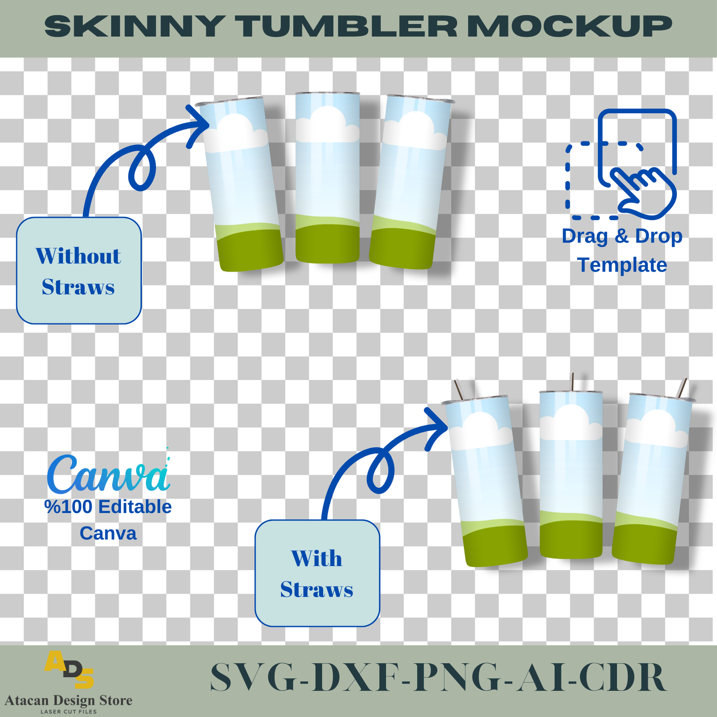 Editable Skinny Tumbler Mockup - Canva Frame Drag & Drop Tumbler Template - With or Without Straws, Easy to Customize 733