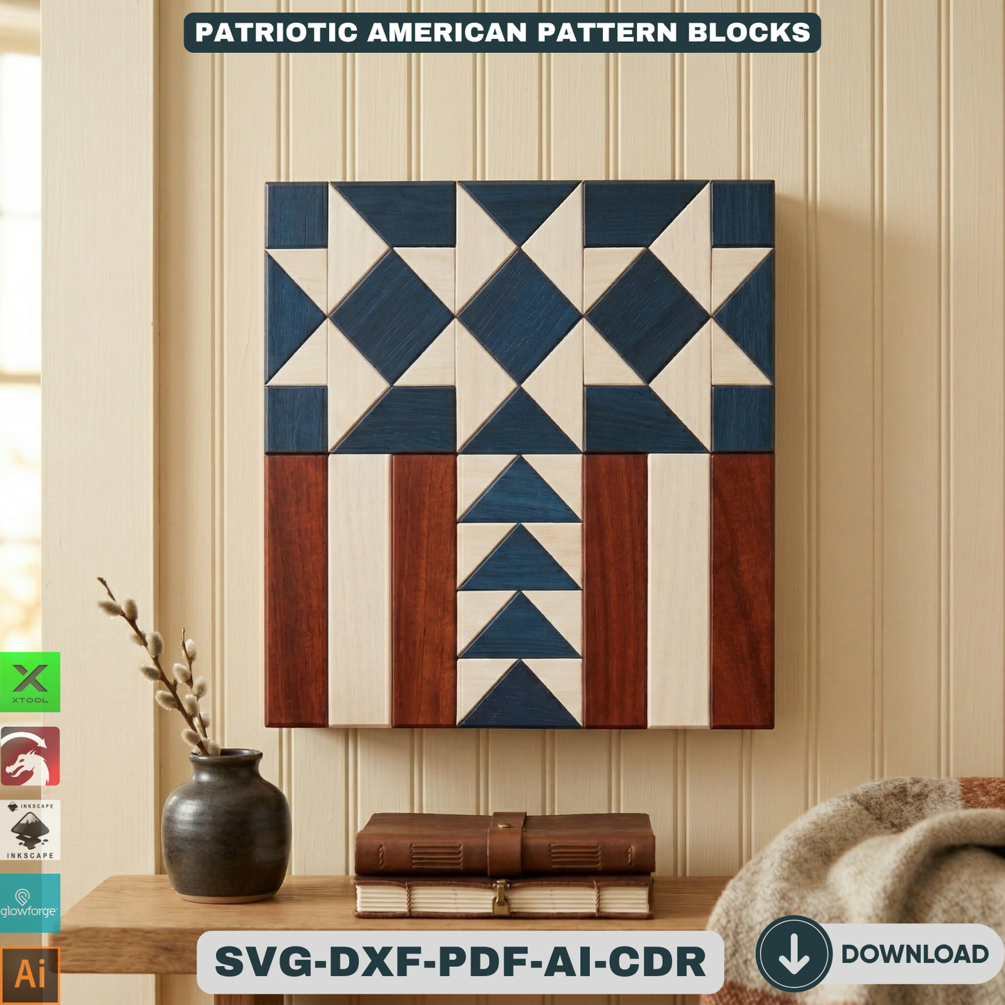 Patriotic American Barn Quilt Wall Decor Fourth of July Wooden Sign Geometric Star Block Patterns 943