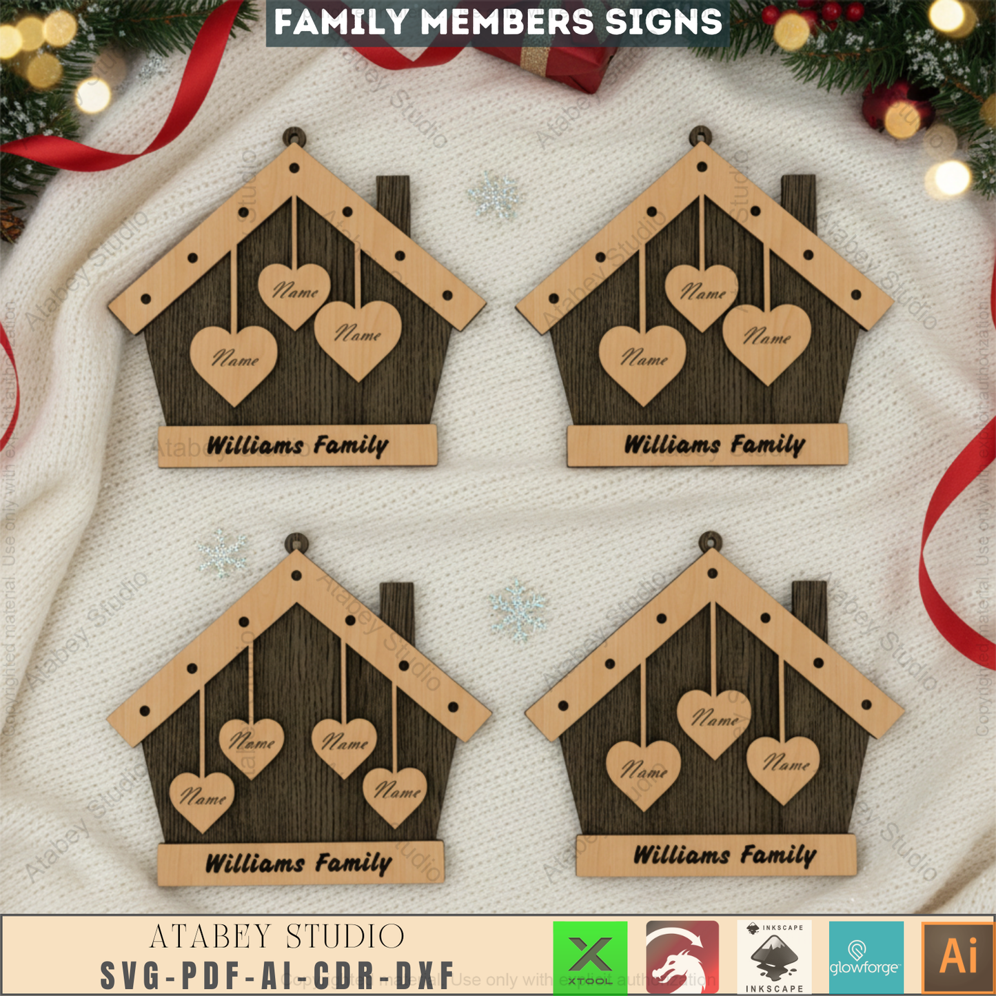 Custom Family House Sign Laser Cut SVG, Personalized Family Tree Decor, Wooden Home Christmas Ornament Template, Gift for Mom 532