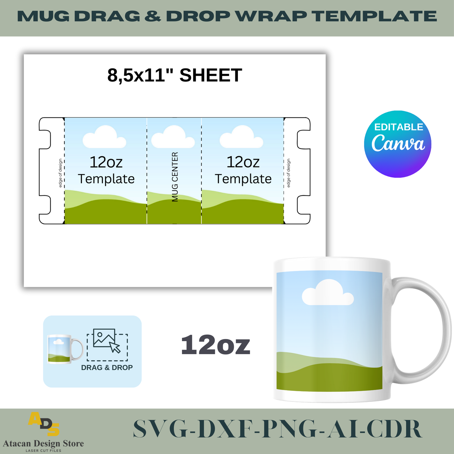 Customizable Mug Wrap Template | 11oz, 12oz, 15oz Designs | Canva Editable ADS735