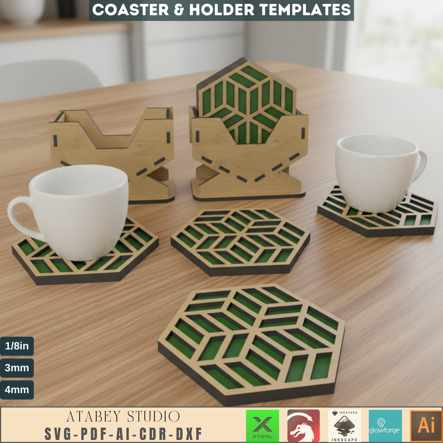 Laser Cut Coaster & Holder SVG Bundle for Home Decor, Hexagon Geometric Drink Coasters with Storage Rack Digital Files 552