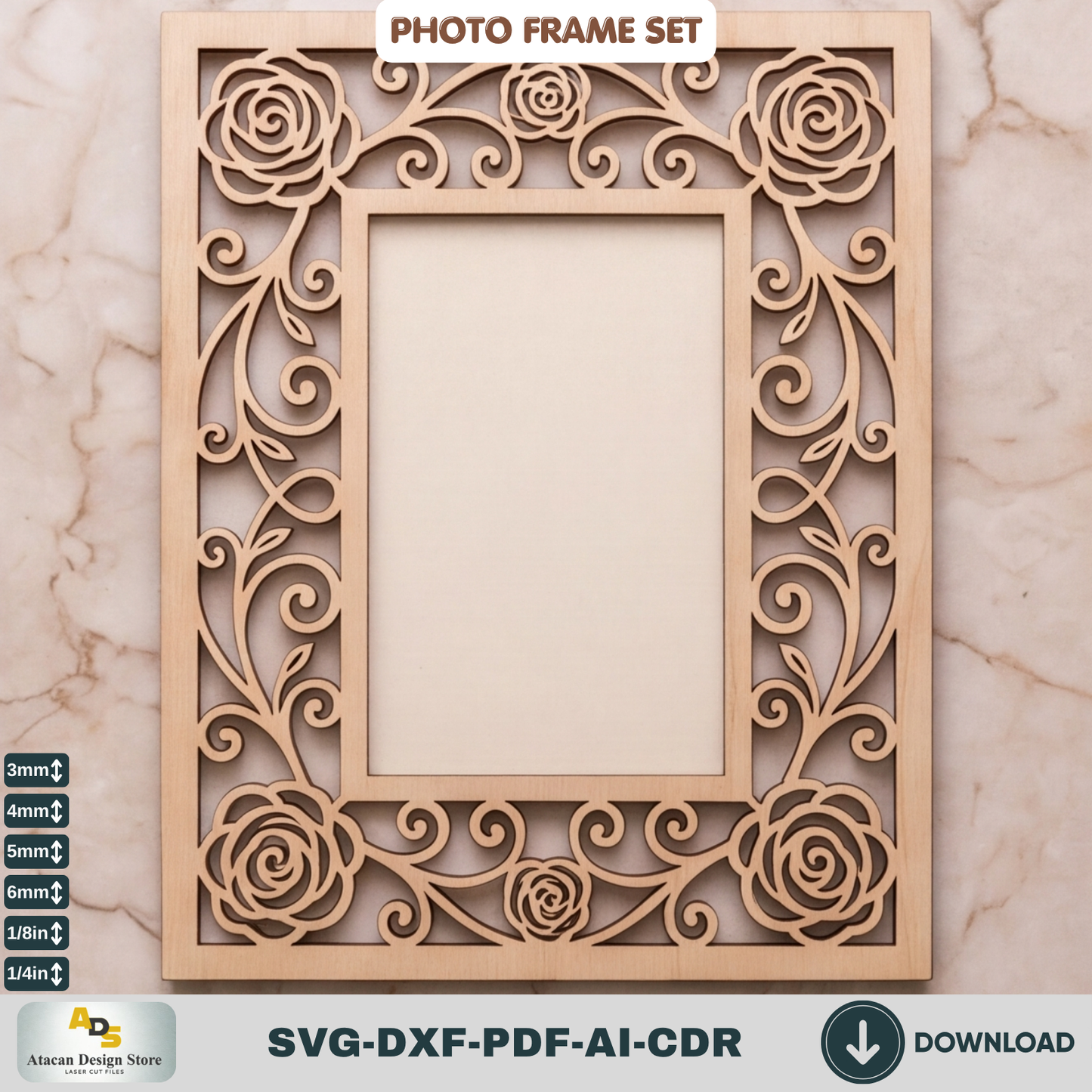 Laser Cut Photo Frame SVG Bundle – Floral Rustic Wood Home Decor Template
