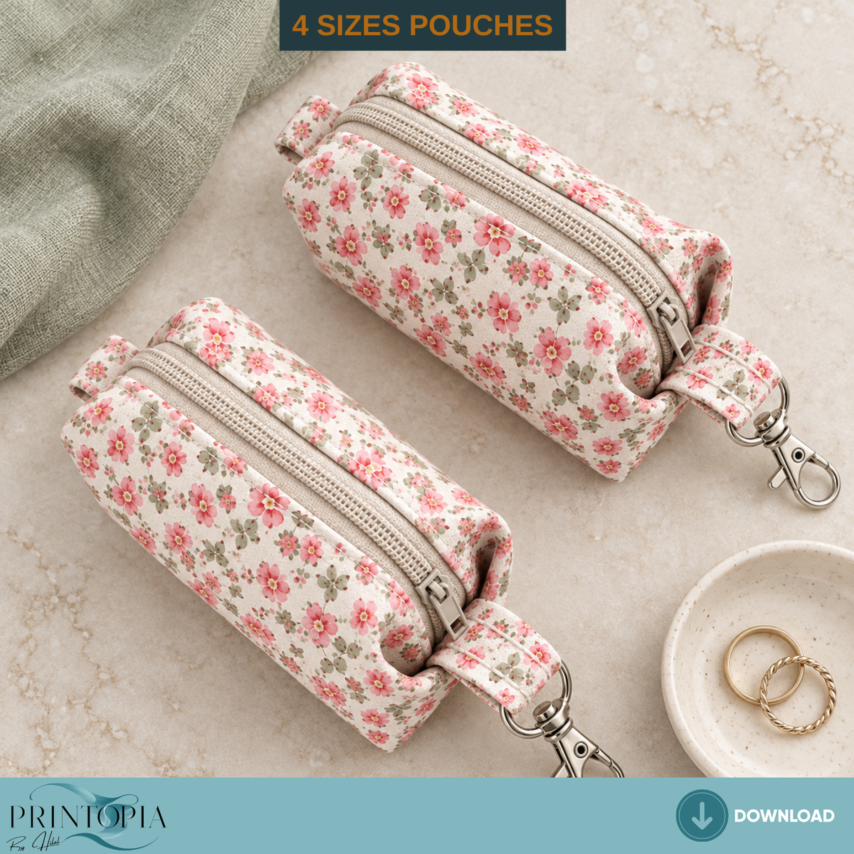 4 Sizes Floral Bow Tie Pouch Laser Cut PDF Pattern Cosmetic Bag