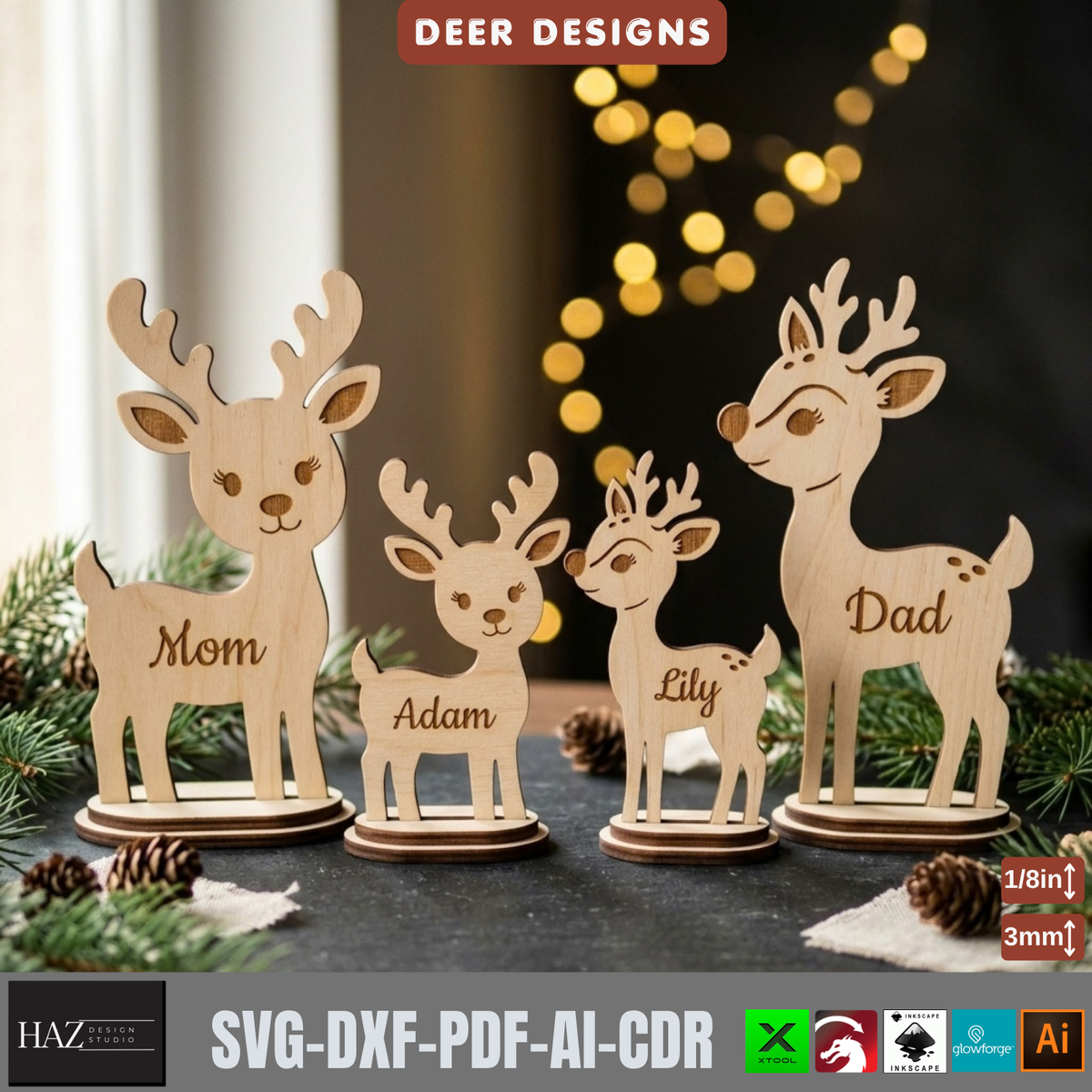Personalized Reindeer Family Laser Cut SVG – Christmas Wooden Decor Stand