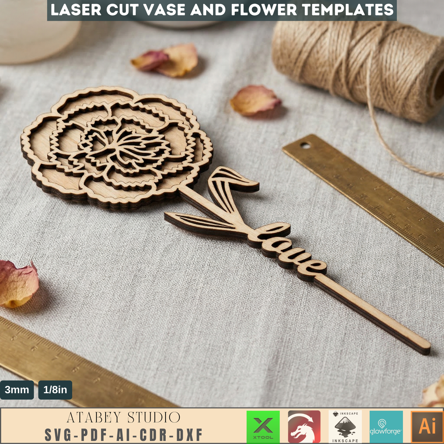 Vases and Wildflower Templates, Layered Floral Table Decor Cutting Files, Wood Flower Bouquet 998