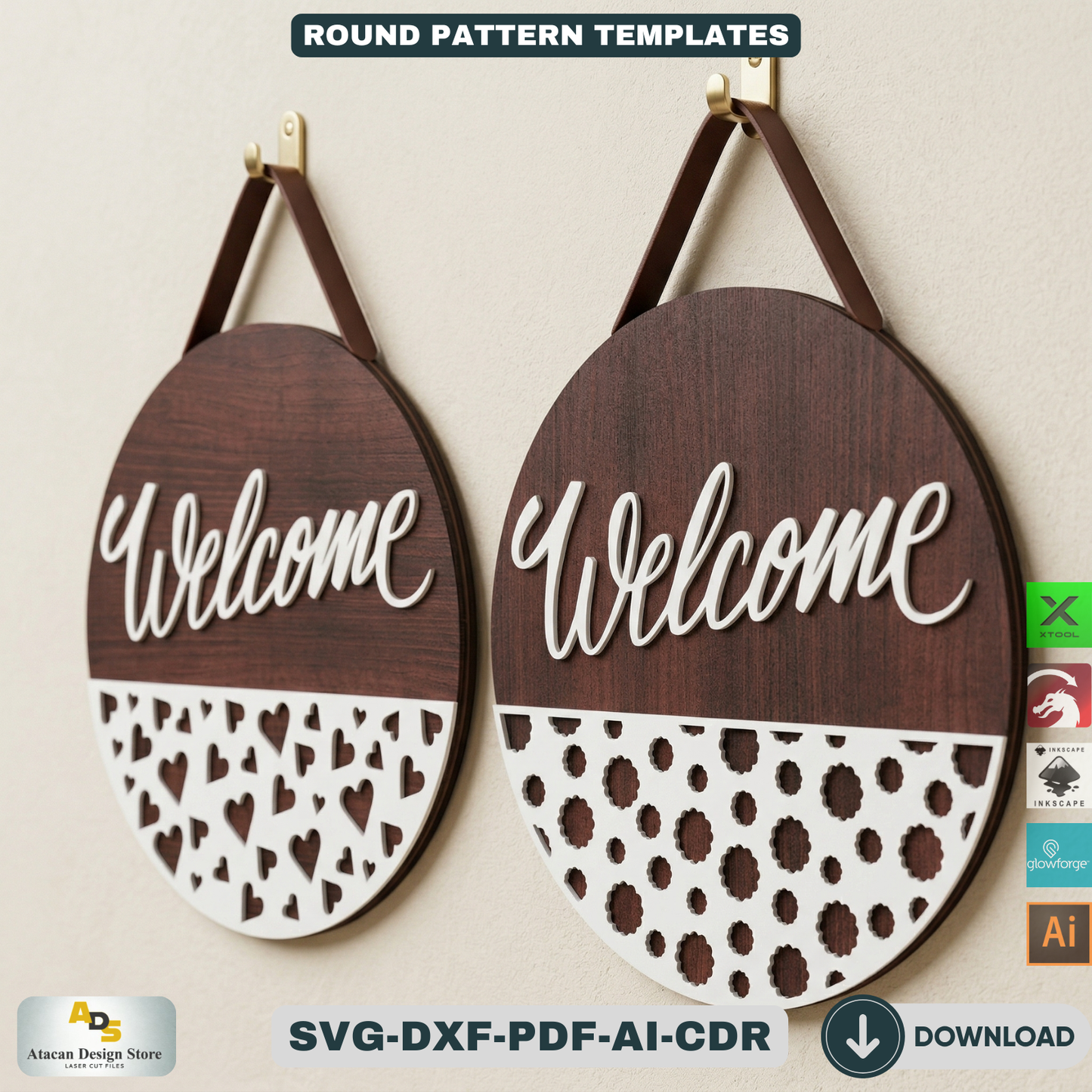 Door sign with patterns / Glowforge laser cut files / Door hanger Templates ADS115