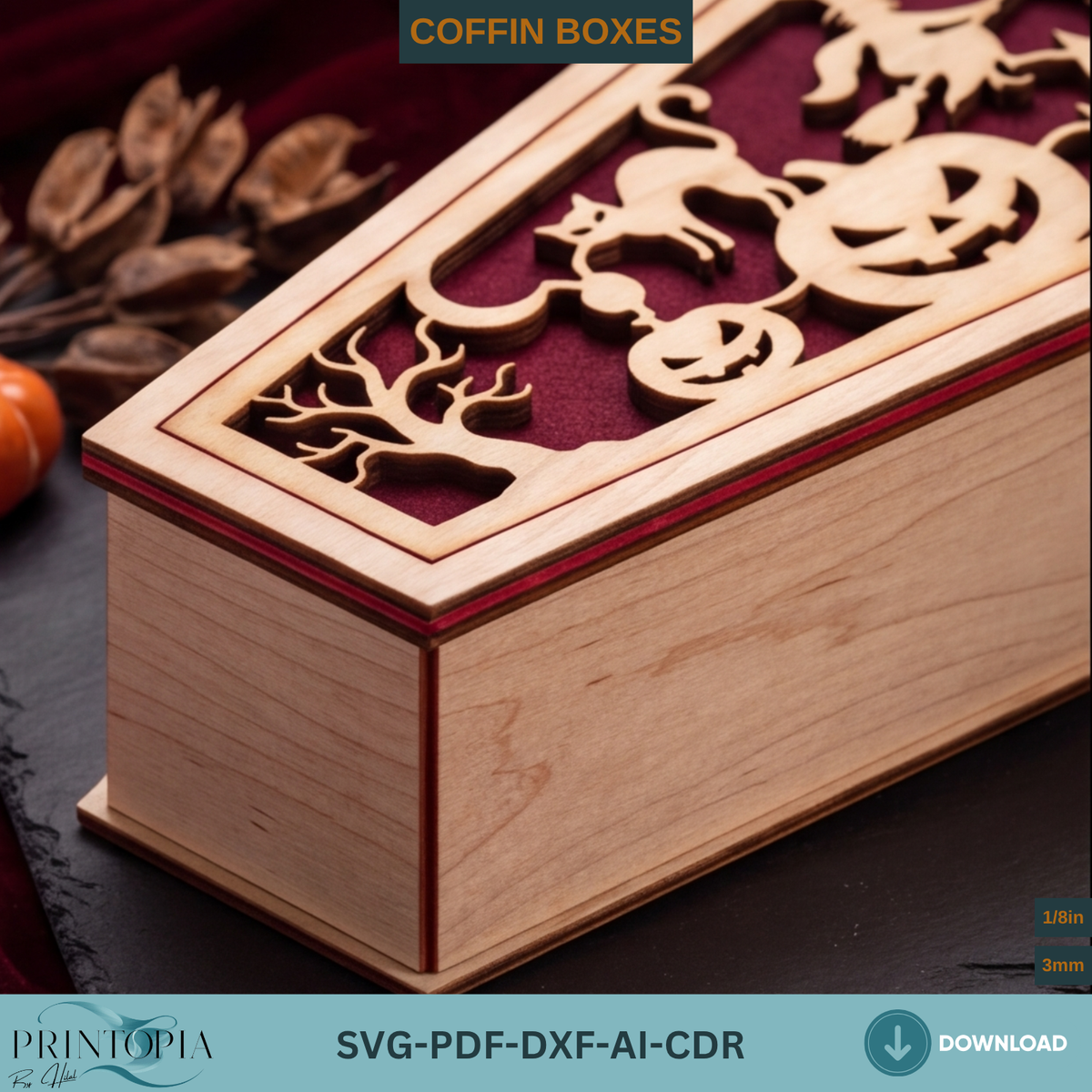 Halloween Coffin Box Laser Cut, Gothic Casket Keepsake Box Template, Wooden Spooky Gift Box