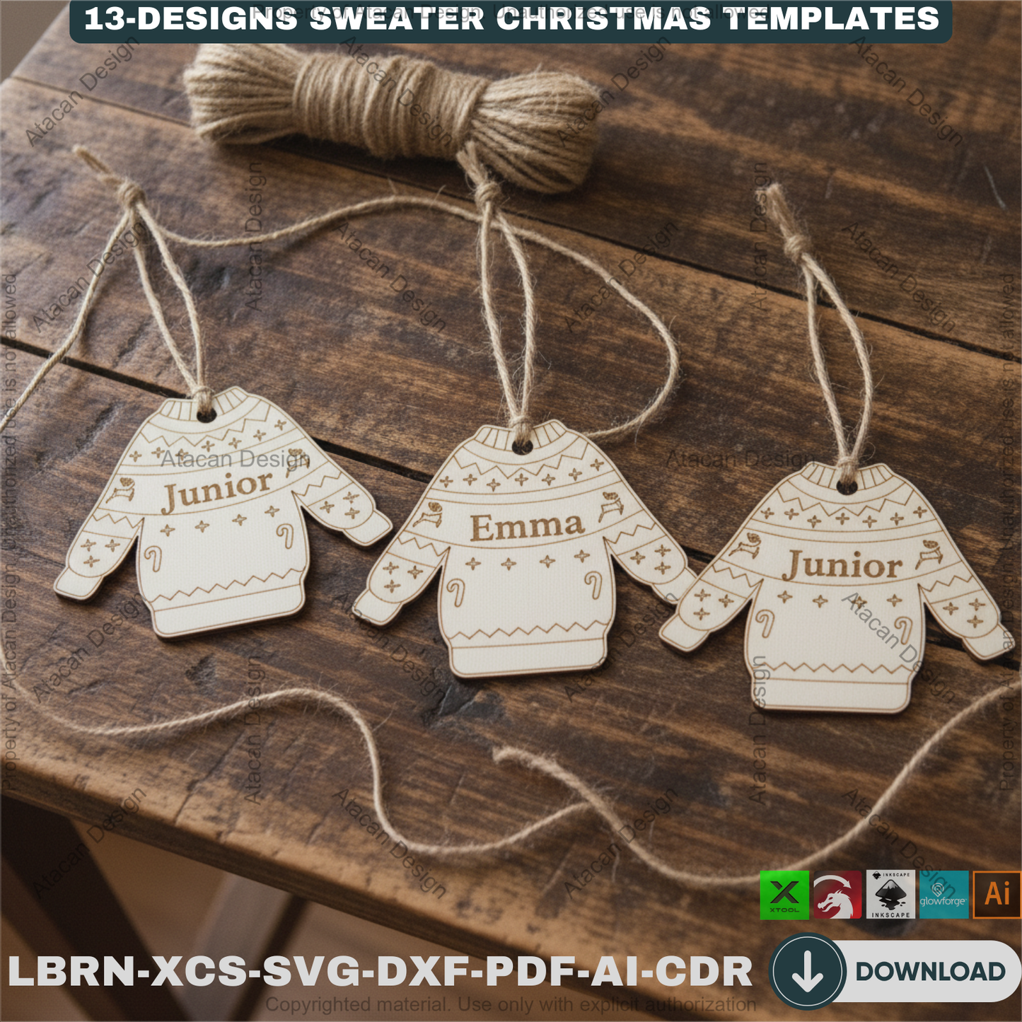 Personalized Sweater Christmas Ornament Bundle | 13 Holiday Designs | Laser Cut Template Set for DIY Xmas Gifts 918
