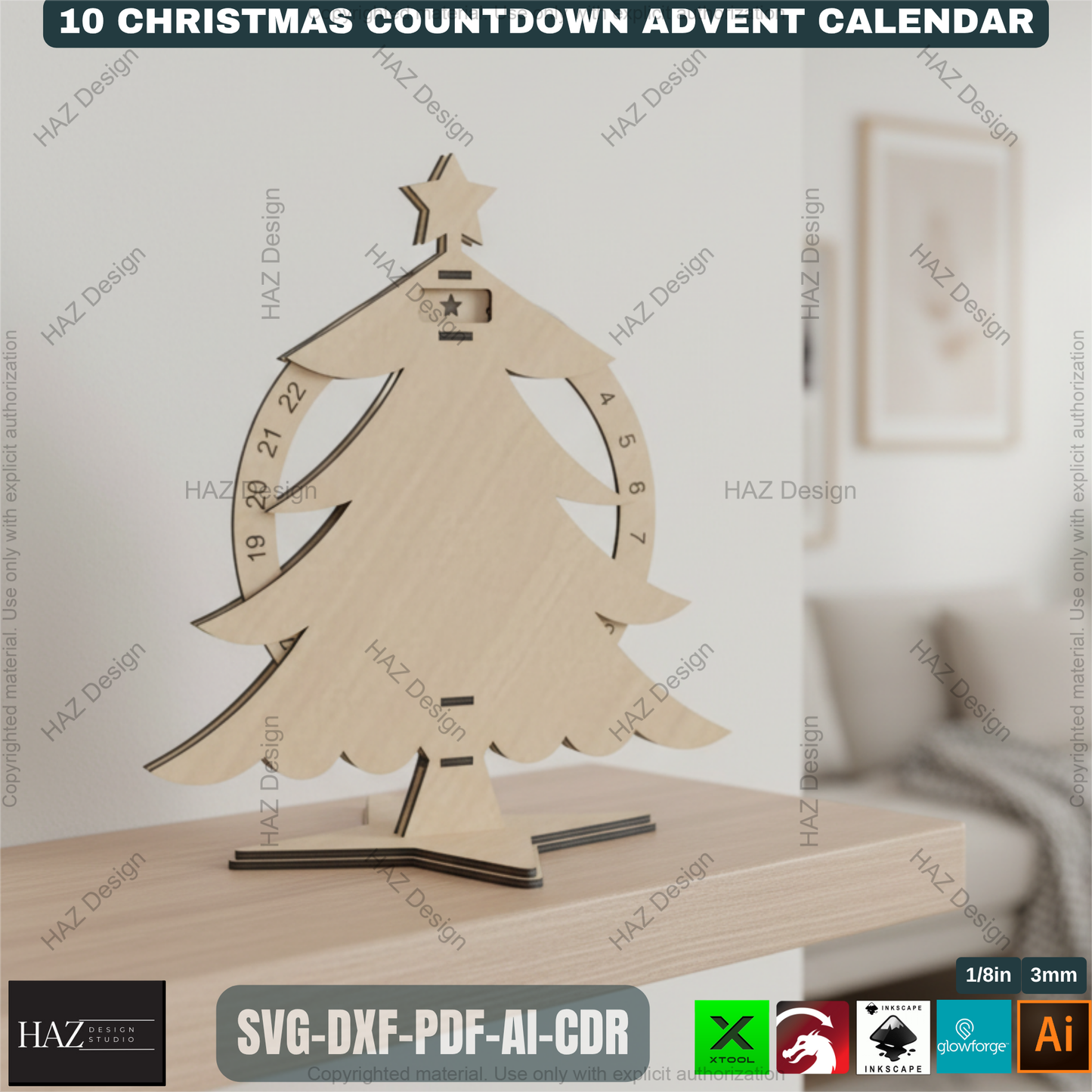 Festive Countdown Advent Calendar Laser Cut Files, Wooden Christmas Decor Template for Glowforge & Xtool, Holiday Craft Project 498