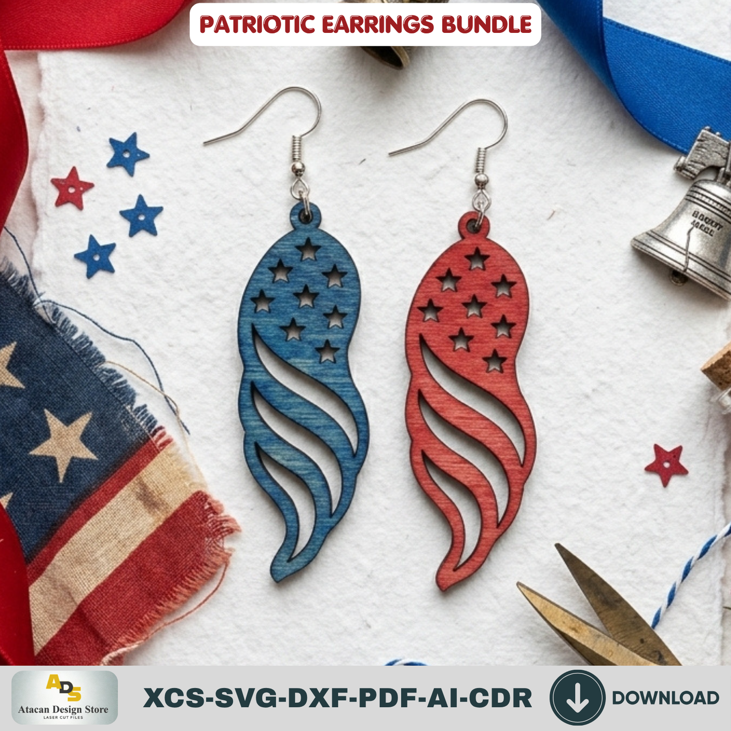 Patriotic Earrings Laser Cut Bundle, 4th of July USA Flag Acrylic Jewelry Template, Veteran Gift Design
