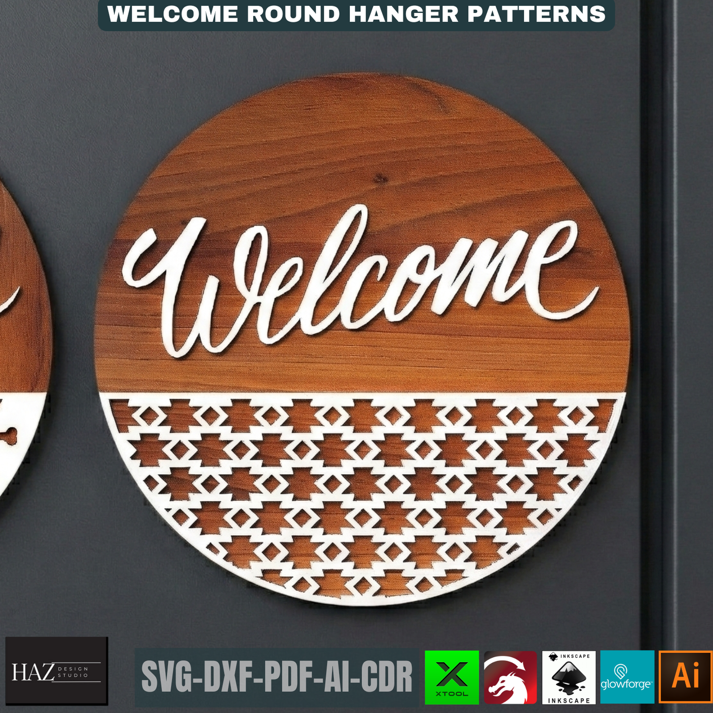 Round Welcome Sign Bundle Laser Cut Door Hanger Patterns, Front Door Decor Templates, Circle Wall Art Designs For Woodworking Projects 510