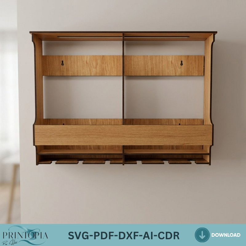 Wall Mounted Wine Rack with Glass Holder Modern Wood Wine Shelf Laser Cut Files
