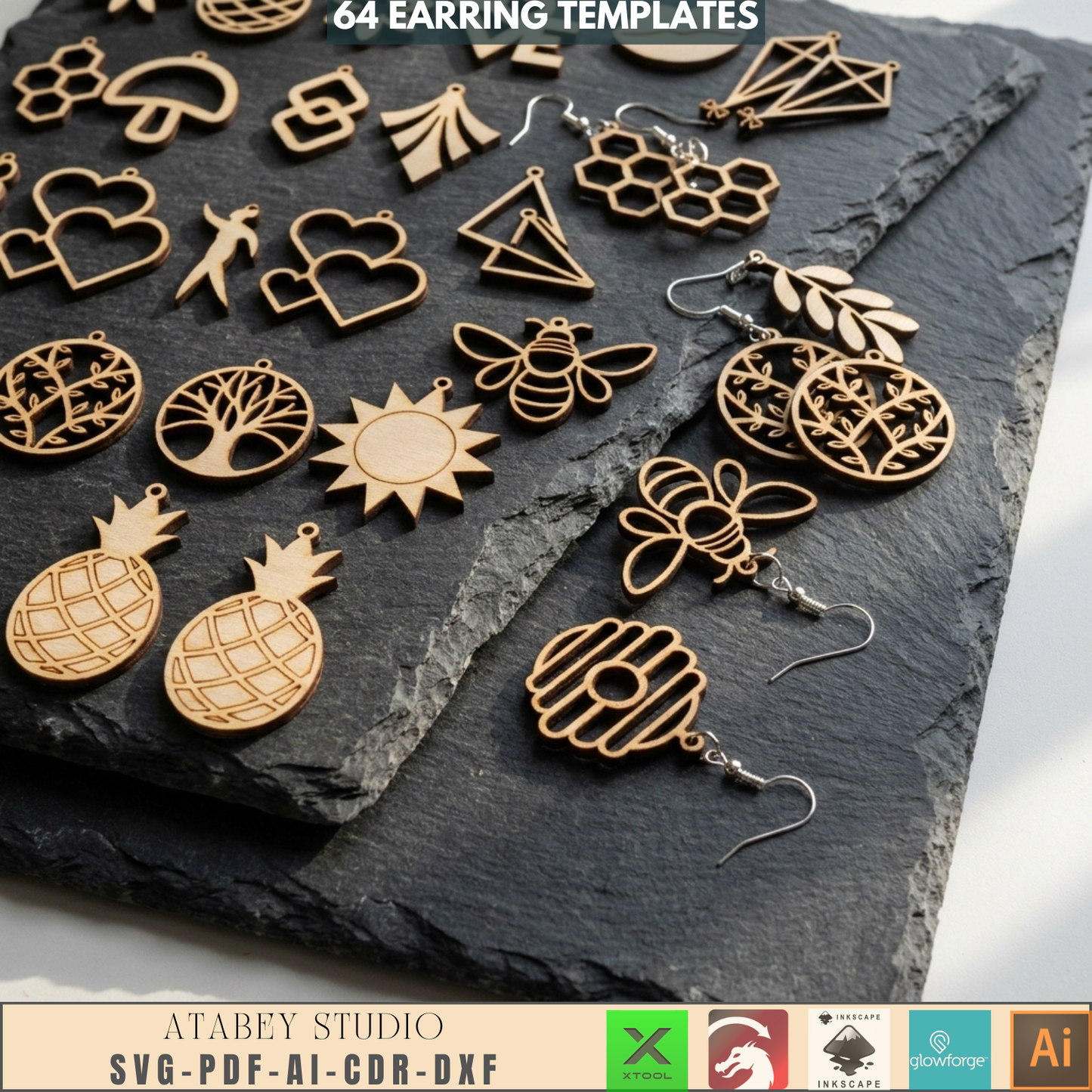 64 Earring Bundle Jewelry Making Templates DIY Wood Earrings Geometric Nature Shapes Floral Pattern