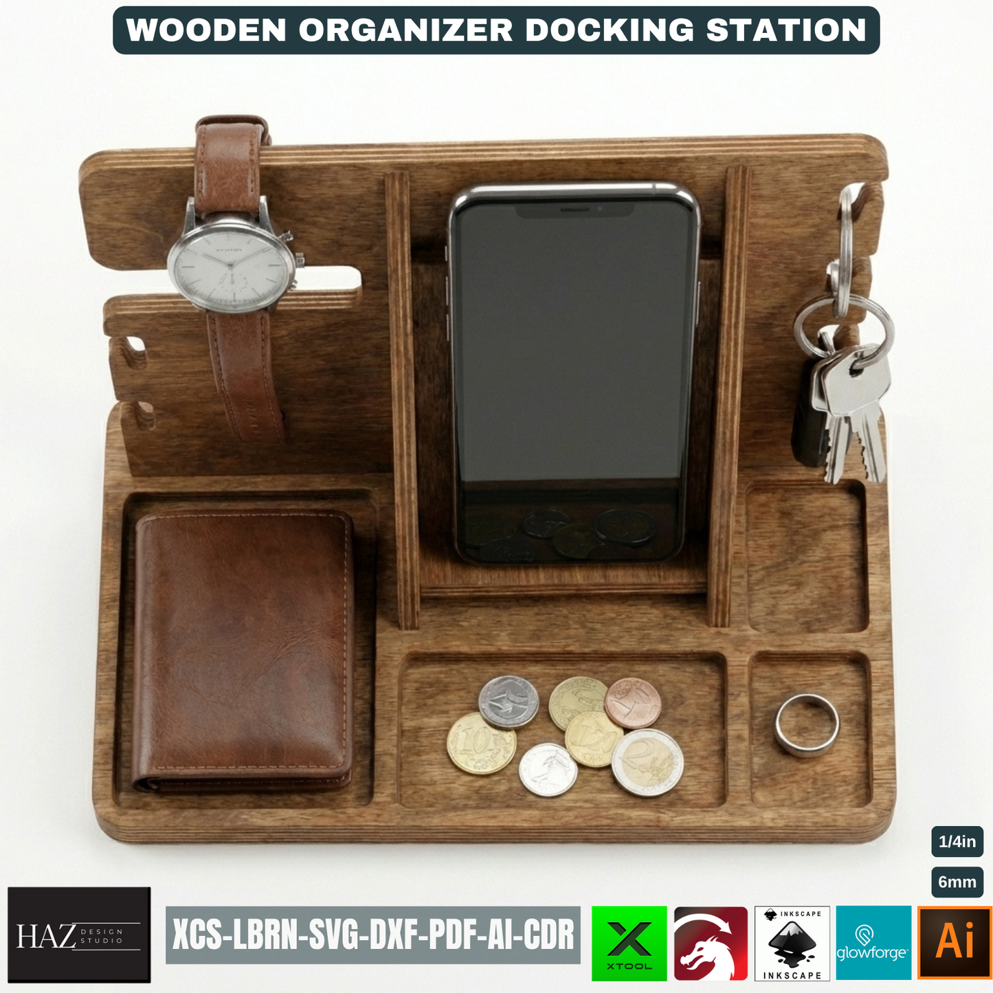 Wooden Docking Station Desk Organizer Phone Stand Men's Gift Bedside Organizer Wood Catchall Tray 530