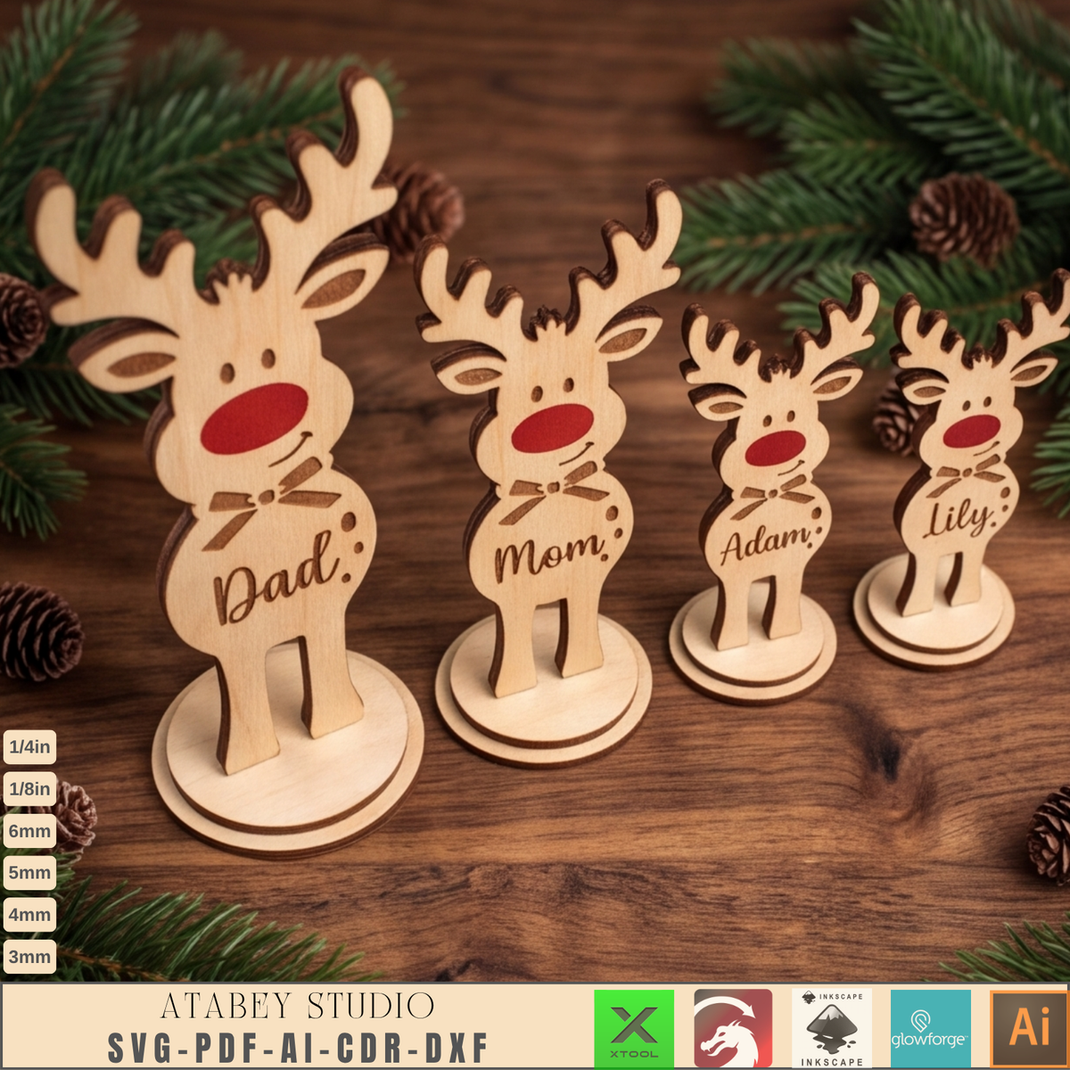 Wooden Reindeer Family Laser Cut Files - Holiday Name Decor for Christmas 1028
