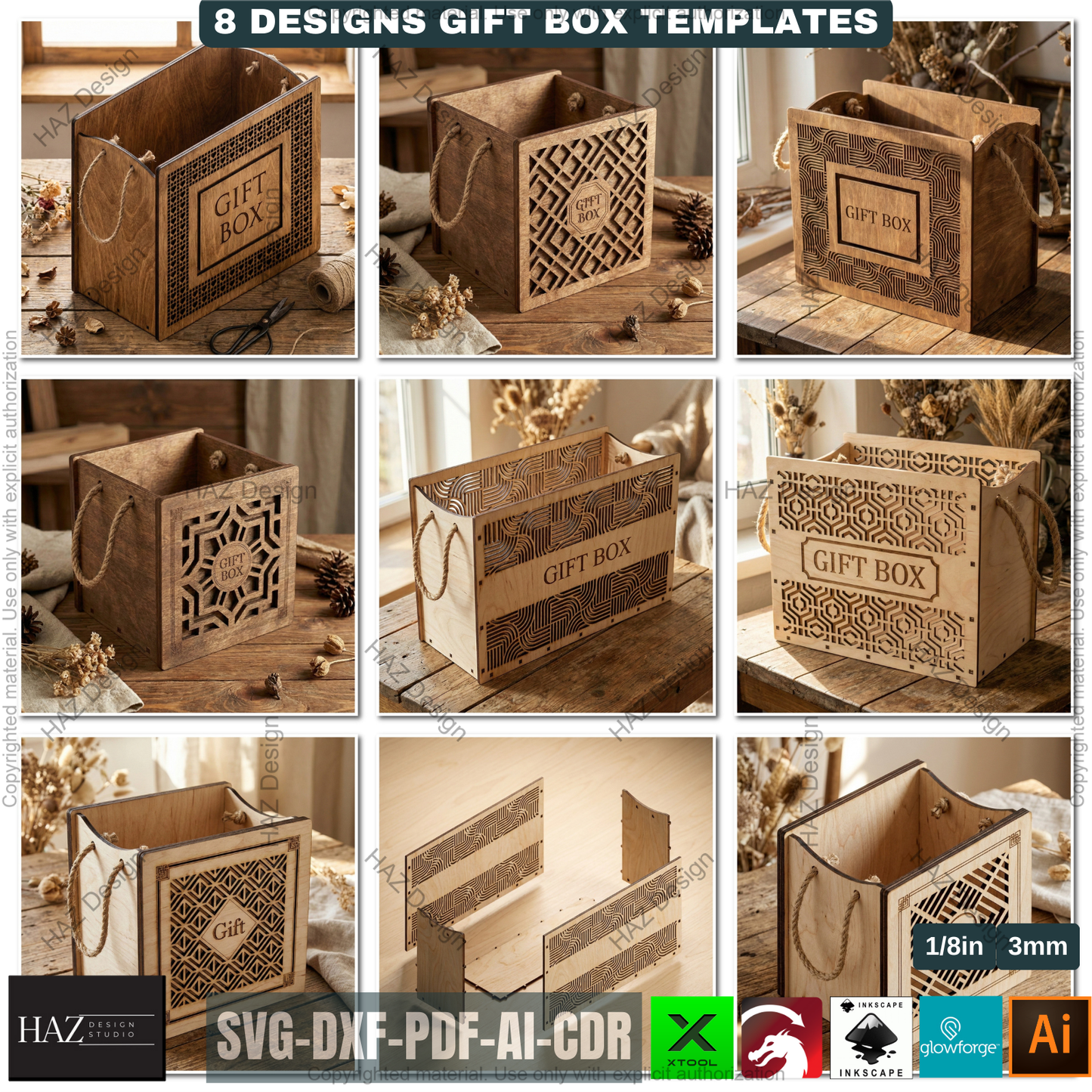 8 Laser Cut Gift Box Templates, Wooden Storage Crate Pattern, Decorative Plywood Basket, DIY Wedding Hamper, Laser Ready Cut Files 511