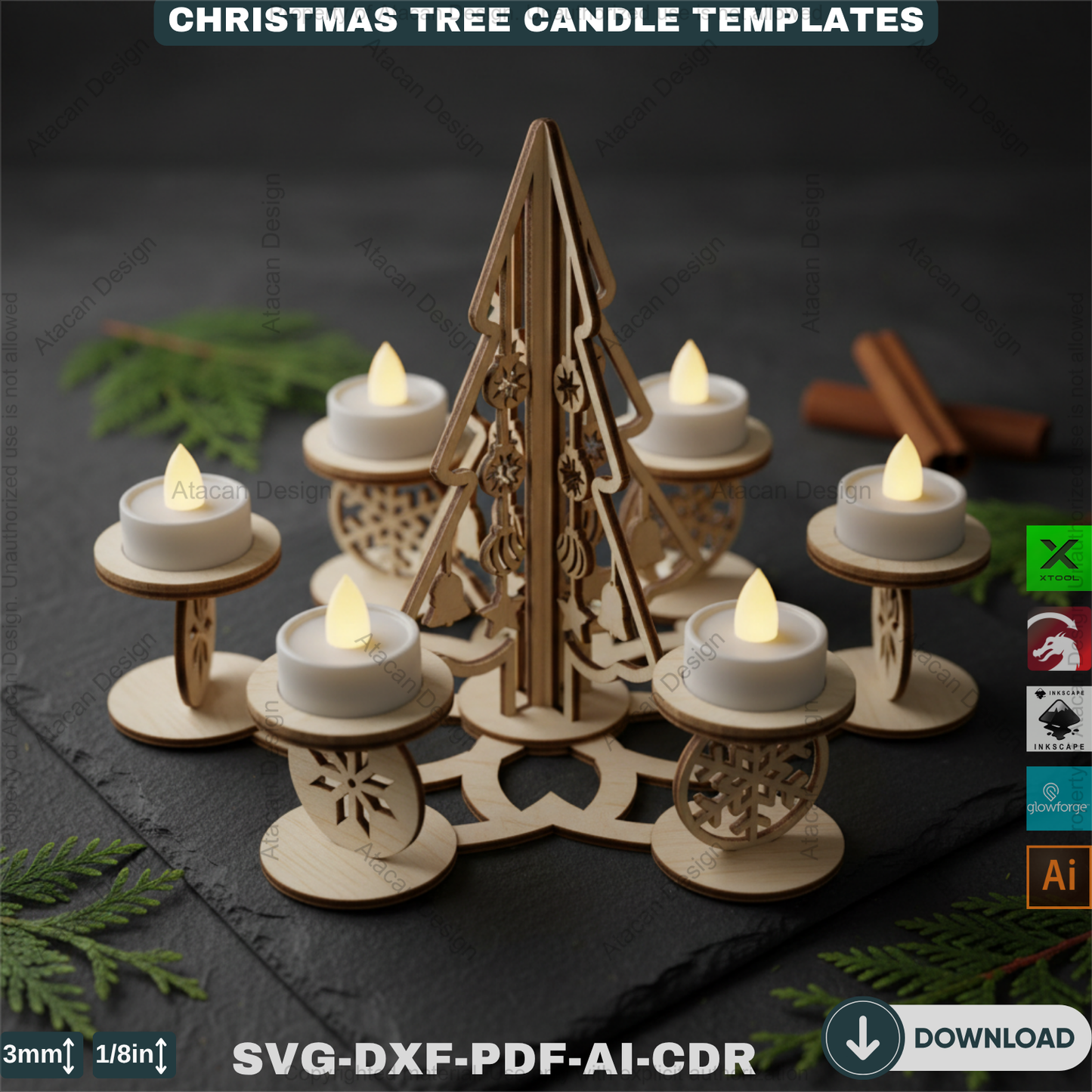 Festive Christmas Tree Tea Light Holder Laser Cut Digital Template, Holiday Advent Wreath Candle Stand, New Year Snowflake Tealight Decor 911