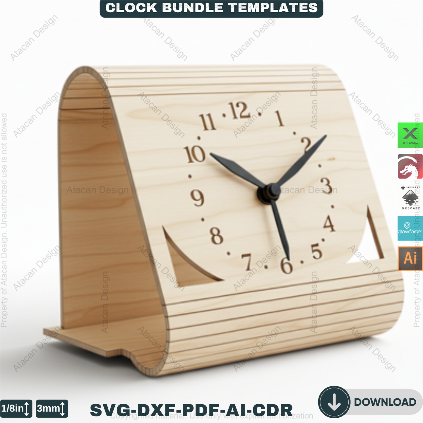 Laser Cut Clocks, Modern Desk Clock Templates, DIY Wooden Table Clock Plans, CNC File for Glowforge, Xtool & Lightburn 914
