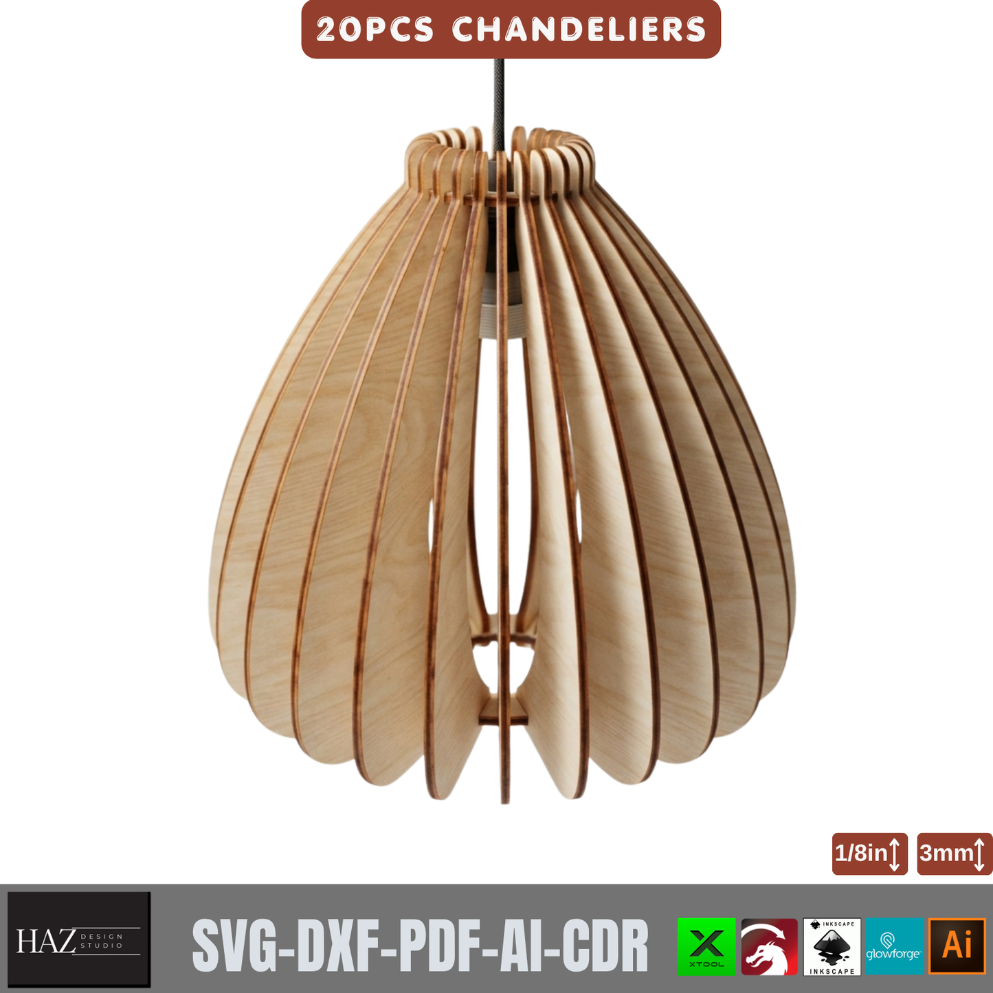 20 Piece Wooden Chandelier Pendant Lamp Laser Cut SVG Template Set Plywood 566
