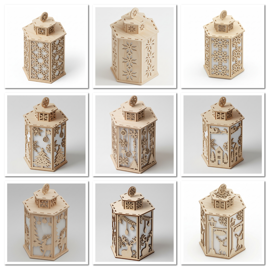 Laser Cut Christmas Lantern Set – Wooden Tealight Holders, DIY Tabletop Holiday Lights, Winter Village Christmas Home Decor 904