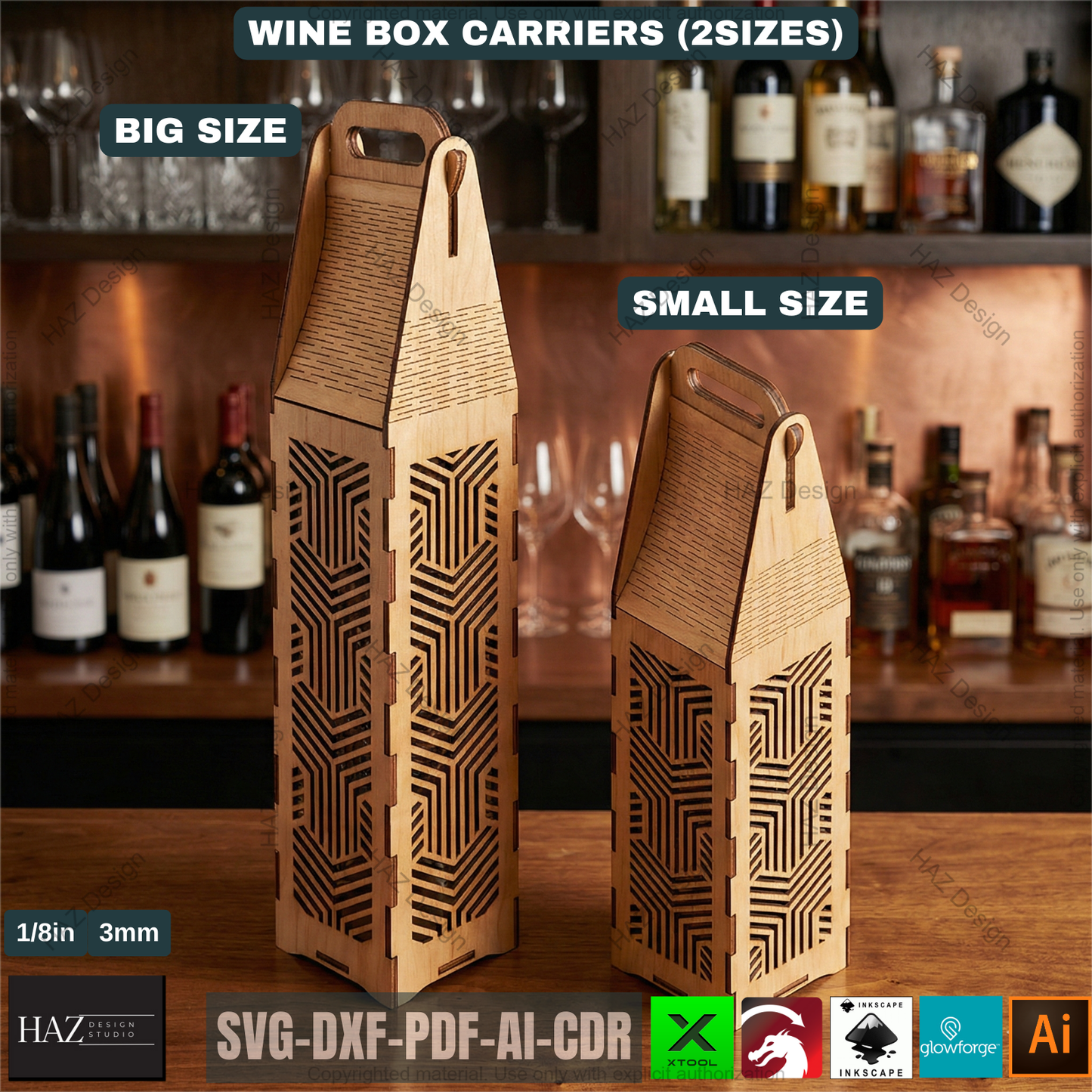 Laser Cut Wine Bottle Gift Box Carrier Bundle Wooden Wine Holder Laser Cut Pattern Gift Box 515