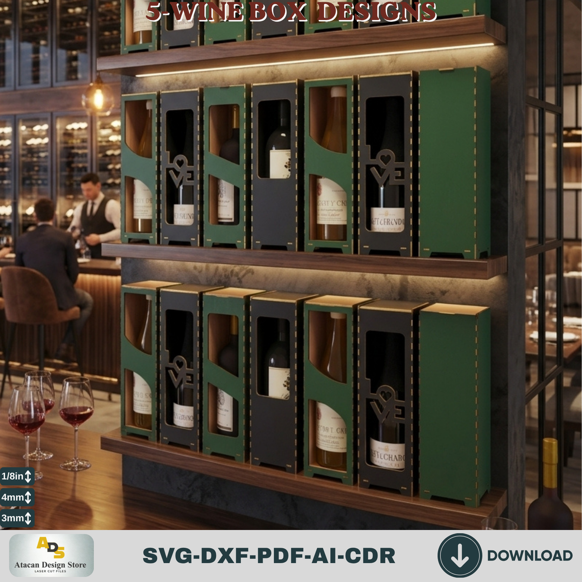 Laser Cut Wooden gift Box - Five Themed Wine Box Designs for Crafting Projects Elegant Wooden Wine Box 805