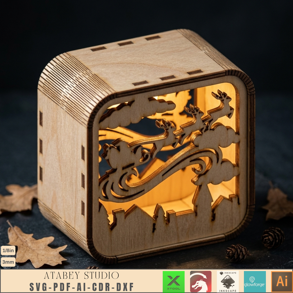 Wooden Christmas Shadow Box Lantern, Reindeer Santa Sleigh Candle Box Plans, Xmas Mantel Laser File