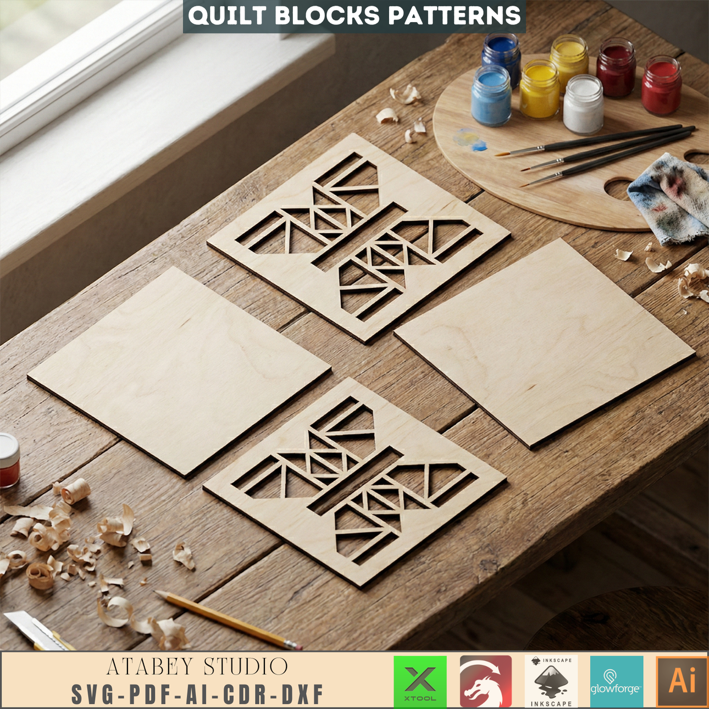 Geometric Quilt Block Wall Art Laser Cut Design Modern Farmhouse Wood Heart Butterfly Potted Flower 988