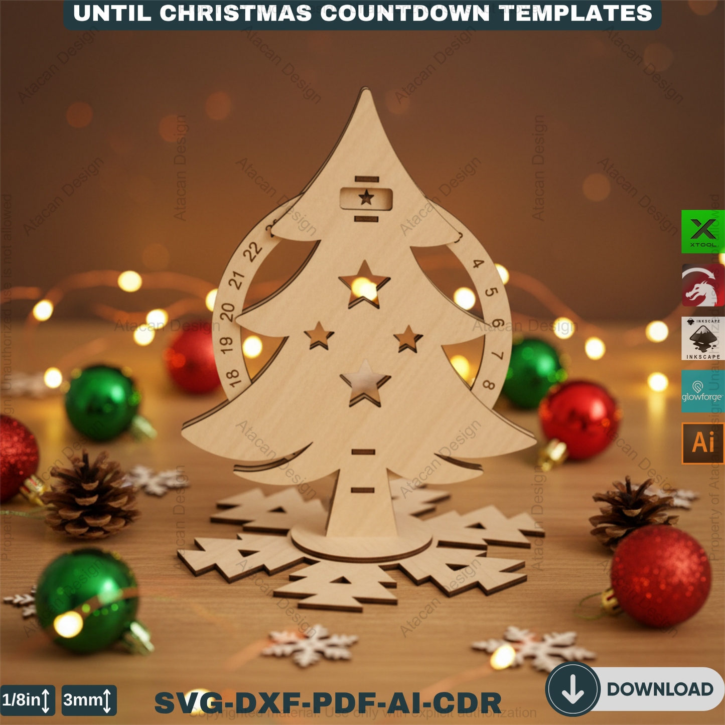 Christmas Tree Advent Calendar Laser Cut Template Bundle Wooden Countdown Stand Glowforge Xtool Files 915