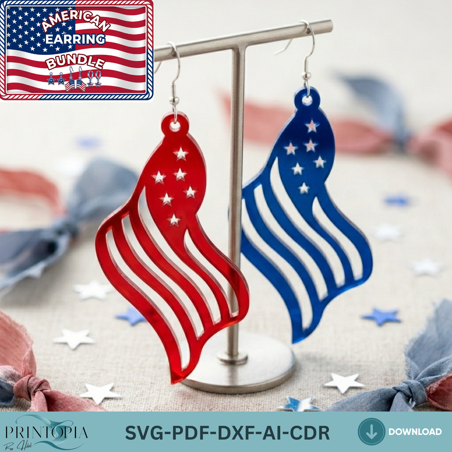 Patriotic Earring Laser Cut Design, Fourth of July American Flag Jewelry Template, USA Stars Independence Day