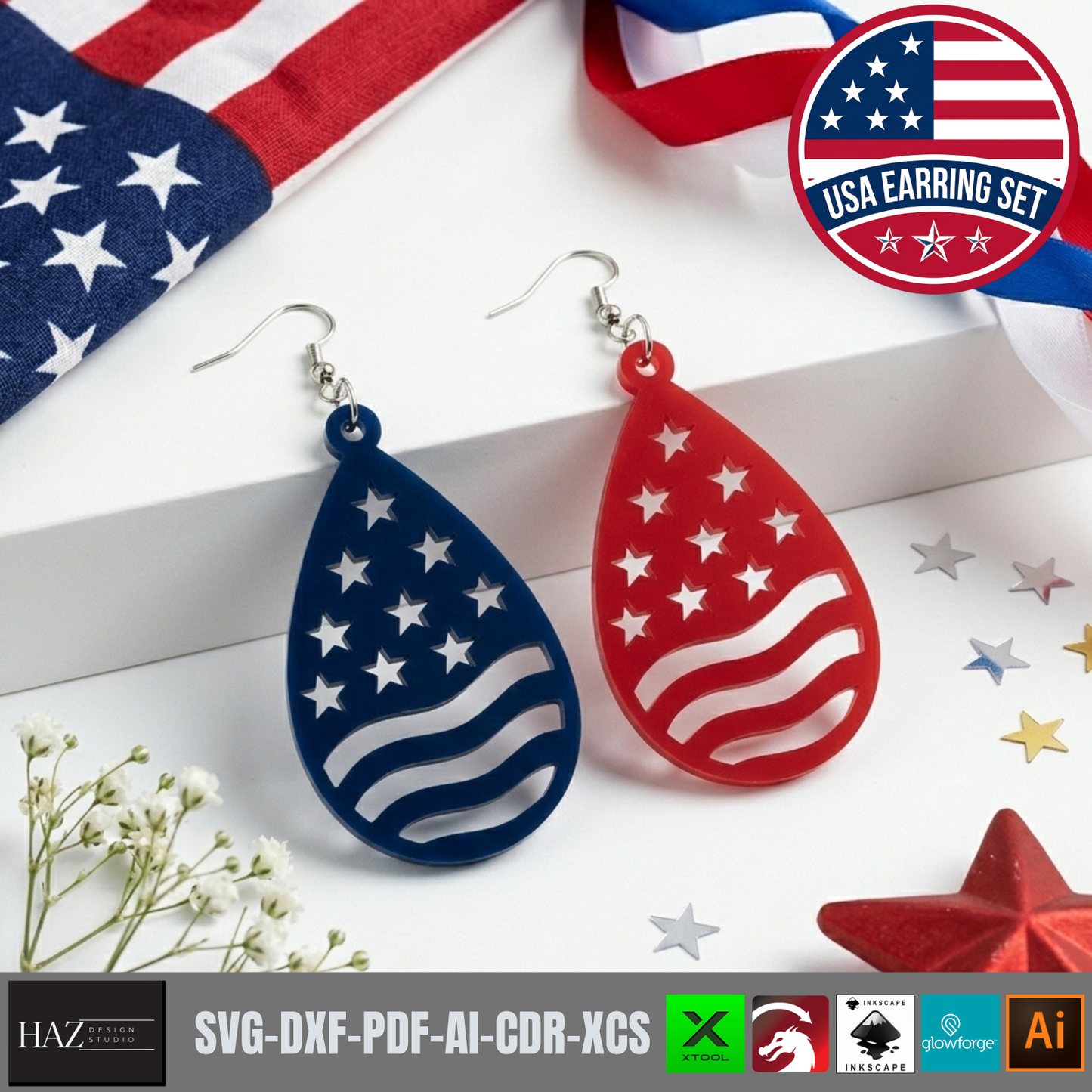 Patriotic Earring SVG Bundle, 4th of July Laser Cut Templates, USA Flag Acrylic Jewelry