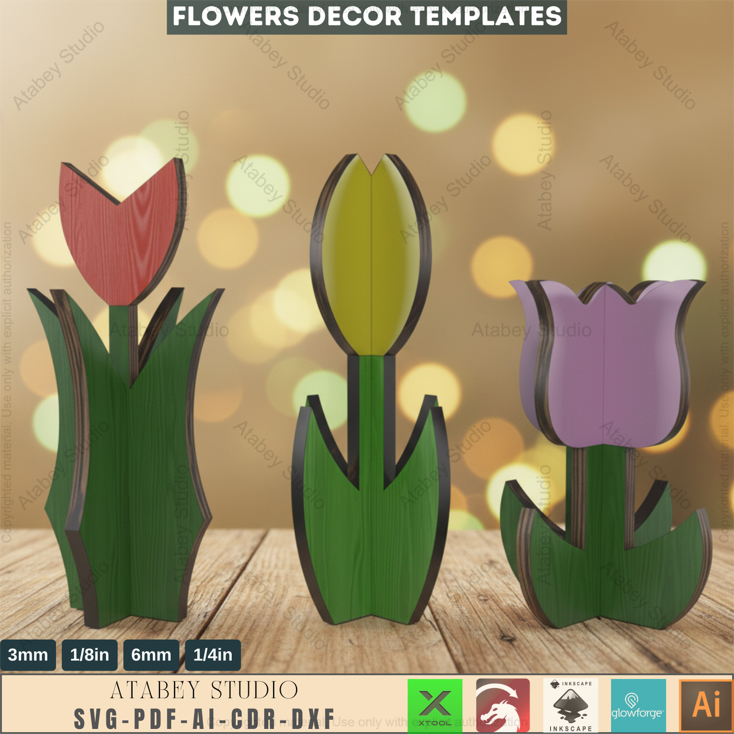 Tulip Flower Laser Cut files / Tulip Flower Cutting File / Acrylic Wood Spring Flowers SVG DXF Ai CDR Pdf 276