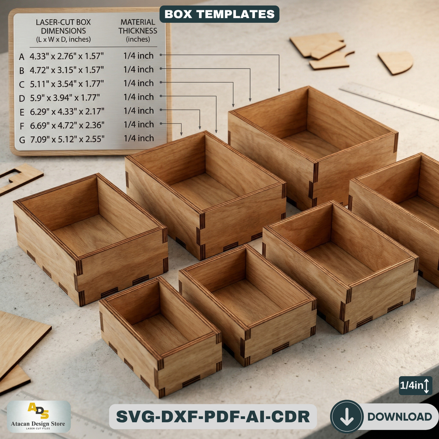 Laser Cut Box Bundle Seven Sizes / Wooden Storage Boxes / DIY Project Template 490
