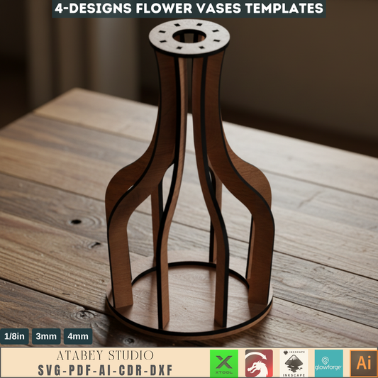 Wooden Vase with Flowers - 4 Types - Laser Cut Flower Pots - DIY Bouquet Decor 794