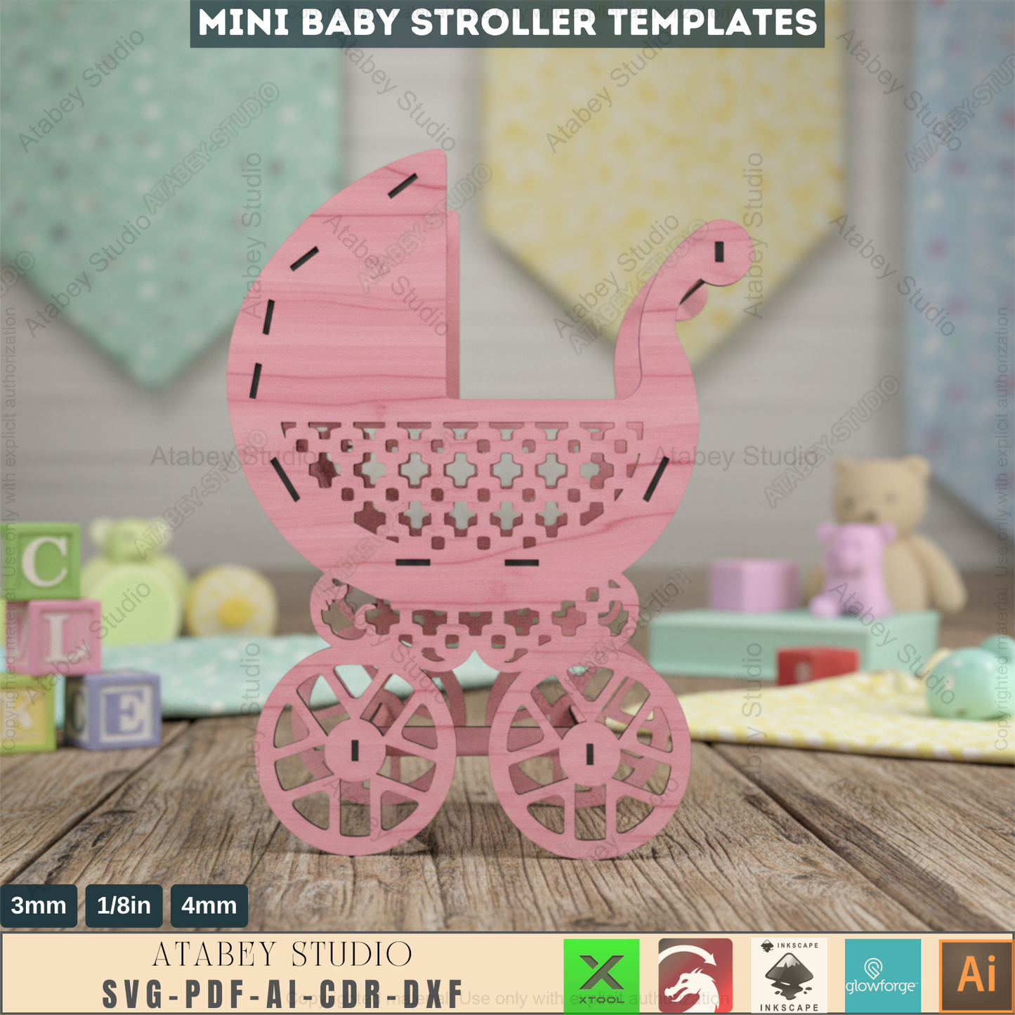 Charming Wooden Baby Stroller Design - Ideal for Laser Cutters & Nursery Decor Projects 260