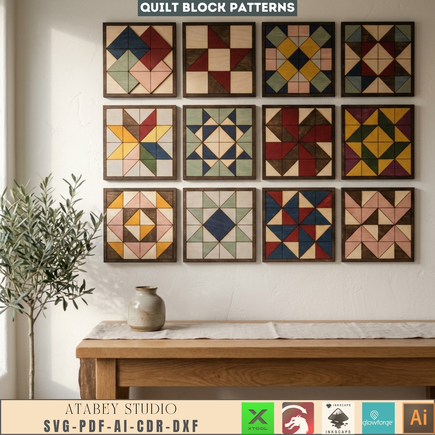 Geometric Barn Quilt Patterns - Laser Cut Quilt Blocks with Frames for DIY Projects