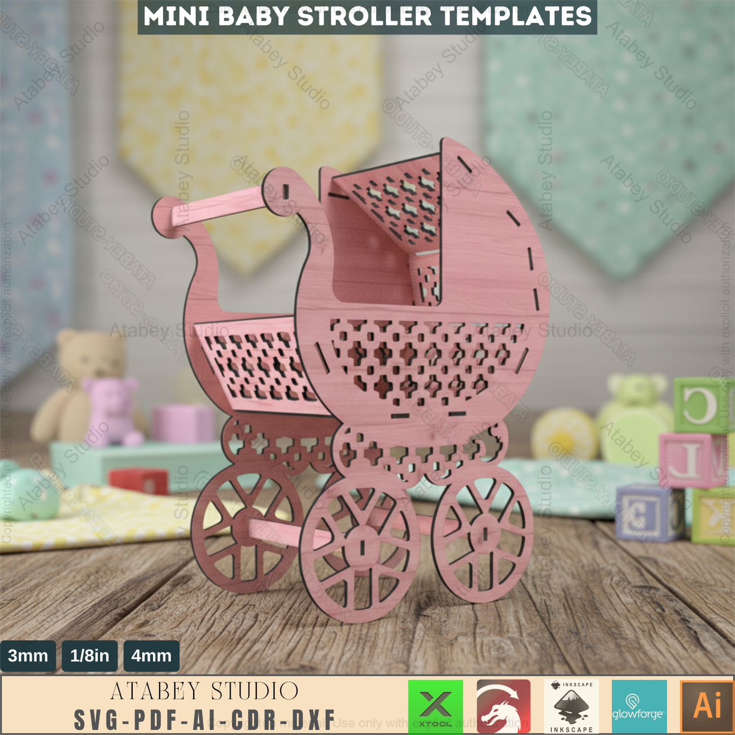 Charming Wooden Baby Stroller Design - Ideal for Laser Cutters & Nursery Decor Projects 260