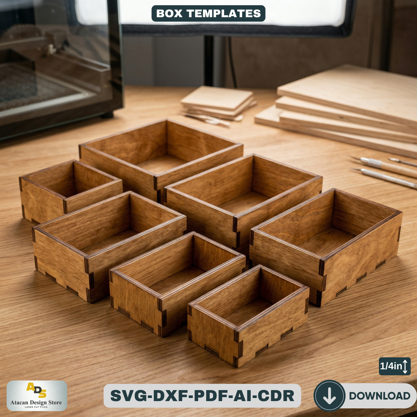 Laser Cut Box Bundle Seven Sizes / Wooden Storage Boxes / DIY Project Template 490